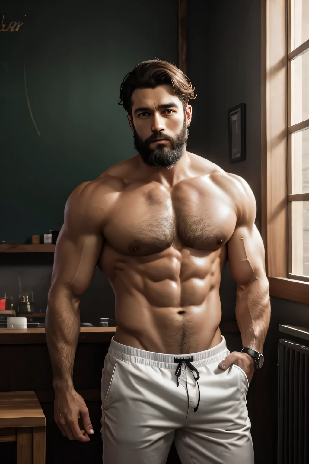 Oil painting of a shirtless teacher, velho, cabelos loiros, barba, copos, cores quentes,