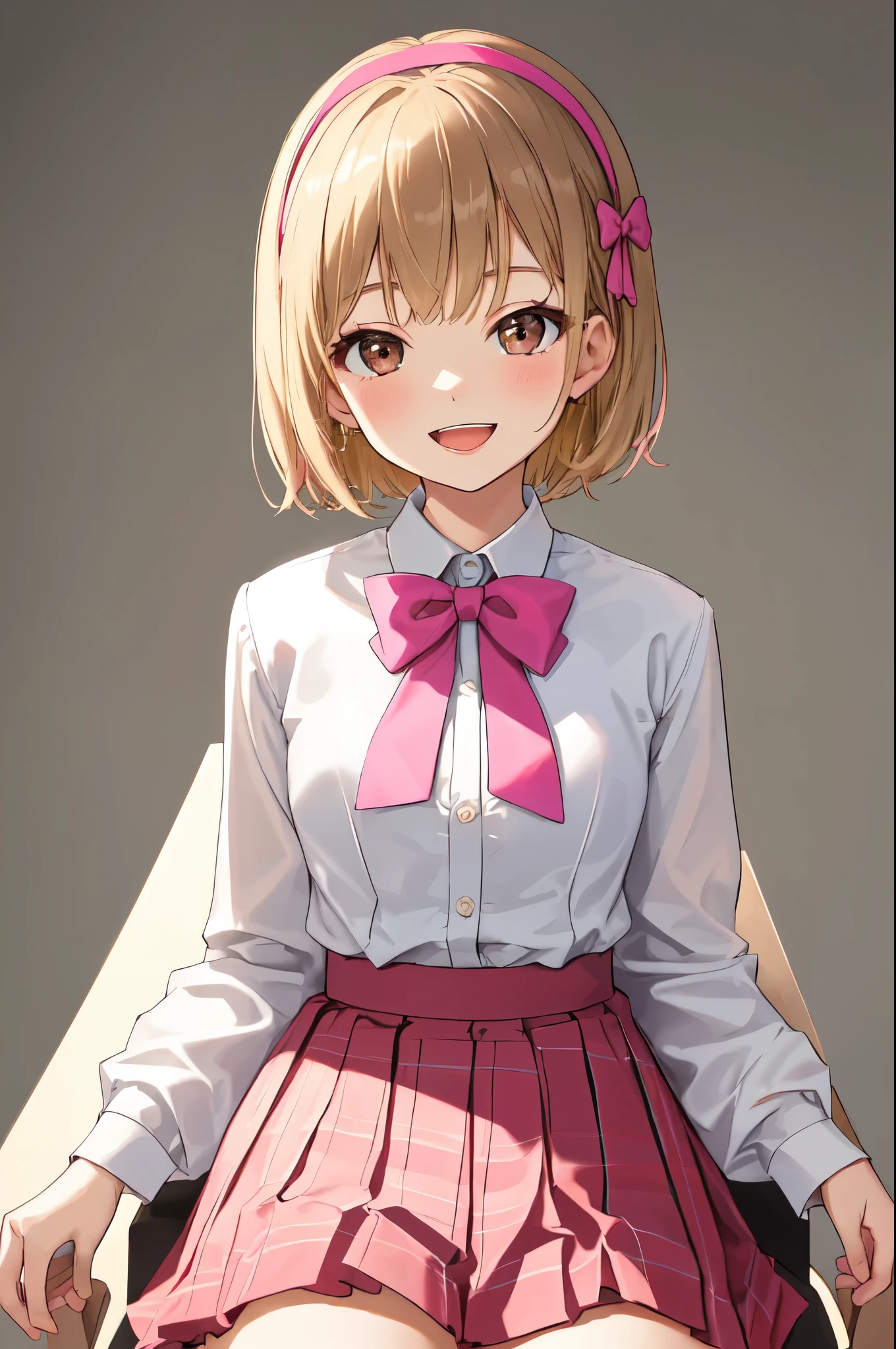 best quality, masterpiece, highres, solo, short_hair, brown_eyes, bow, hairband, brown_hair, smile, pink_bow, bangs, blonde_hair, open_mouth, upper_body, hair_bow, ribbon, bowtie, shirt, simple_background, pink_bowtie, skirt, sit on chair, full body