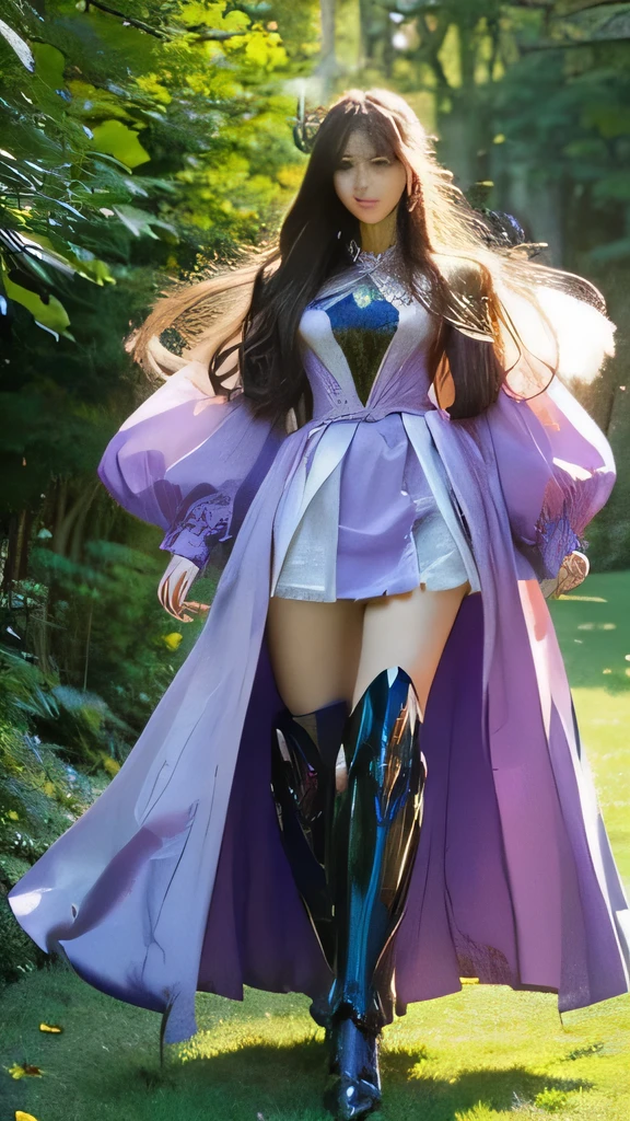 Textured skin, Super Detail, high details, High quality, Best Quality, hight resolution, 1080p, Gorgeous beauty、Girl with Beautiful Mecha Body、(Gundam) Girl with robot body, very very long long hair rapunzel, flying, full body, purple.