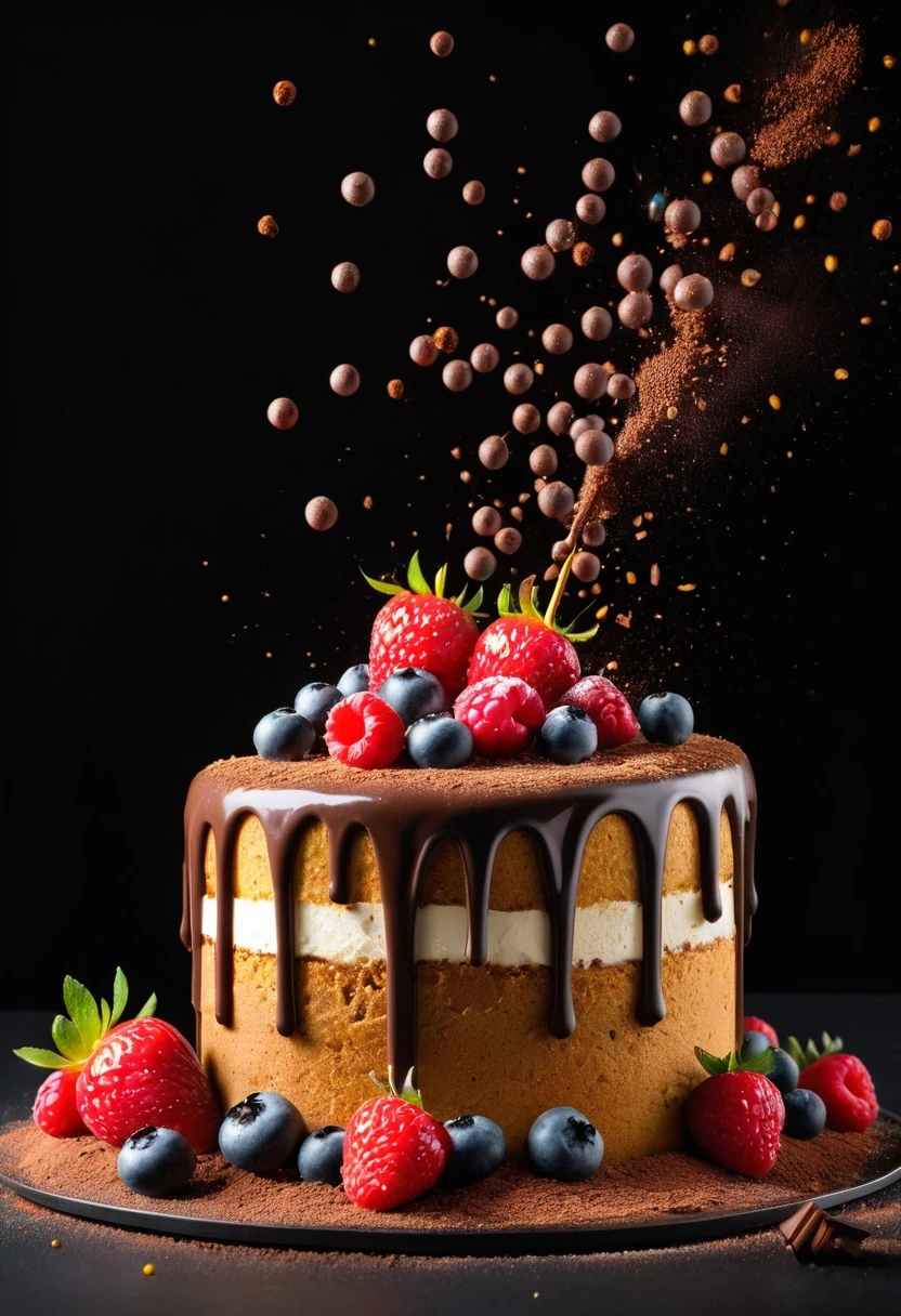 Chessie cake art with berries and chocolate falling on a black background sprinkled with cocoa powder, Trending on ArtStation, Sharp Focus, Dynamic Studio Photography Lighting, Realistic Food Pictures, Trending Food Photos, dynamic compositions, Intricate details of dynamic angles, Highly detailed, By Greg Rutkowski
