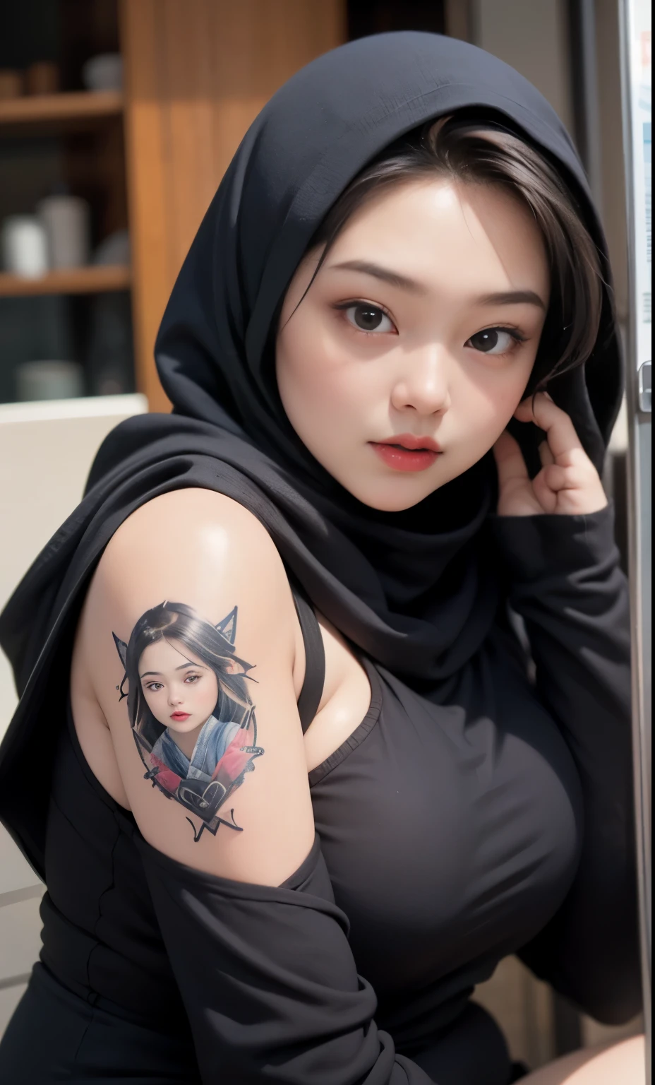 there is a woman sitting down with a longest brown hair, bbwchan, thicc, brown hijab outfit, brown hairstyle model, korean girl, korean woman, wearing brown robe, full length shot, alluring plus sized model, japanese goddess, clothed in hooded, voluptuous and arousing, portrait shot, curvy model, voluptuous body, wonderful, nene tanaka body , bbwchan, The overall atmosphere is smooth , haunting illustrations, extremely high-resolution details, photographic, realism pushed to extreme, fine texture, 4k, ultra-detailed, high quality, high contrast, red sneakers , cold atmosphere ,, cold atmosphere ,, ((Detailed texture of tattooed skin)), tattoo round breasts, irezumi tattoo style, tattoo on breasts, tttattoo, showing her thigh , tattoo on thigh, a close up of a woman with tattoos on her body, inked, tattooed body, fully tattooed body, tattooed, full-body tattoos, full - body tattoos, , full body tattoo, with tattoos, , tattoos, tattoos all over the skin, tattoos and piercings, ((Neka: 0.45)) LoRA, {{Big brother's tattooed woman Iremuzi tattoo style v1.0: 0.91}},, ((BohoAI v1.0 : 0.45))