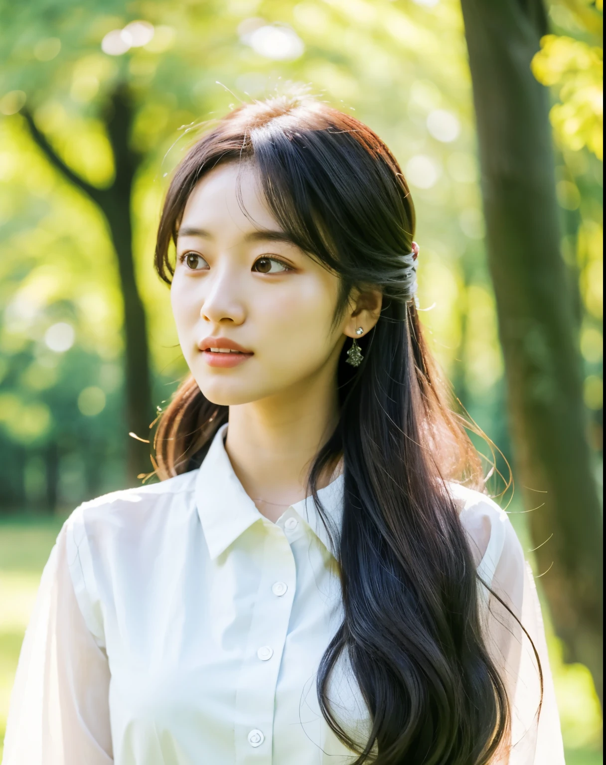 there is a woman with long hair wearing a white shirt, ulzzang, korean girl, heonhwa choe, sakimichan, xintong chen, sun yunjoo, lee ji - eun, lee ji-eun, wenfei ye, jaeyeon nam, park ji-min, jinyoung shin, chiho, yun ling, gongbi