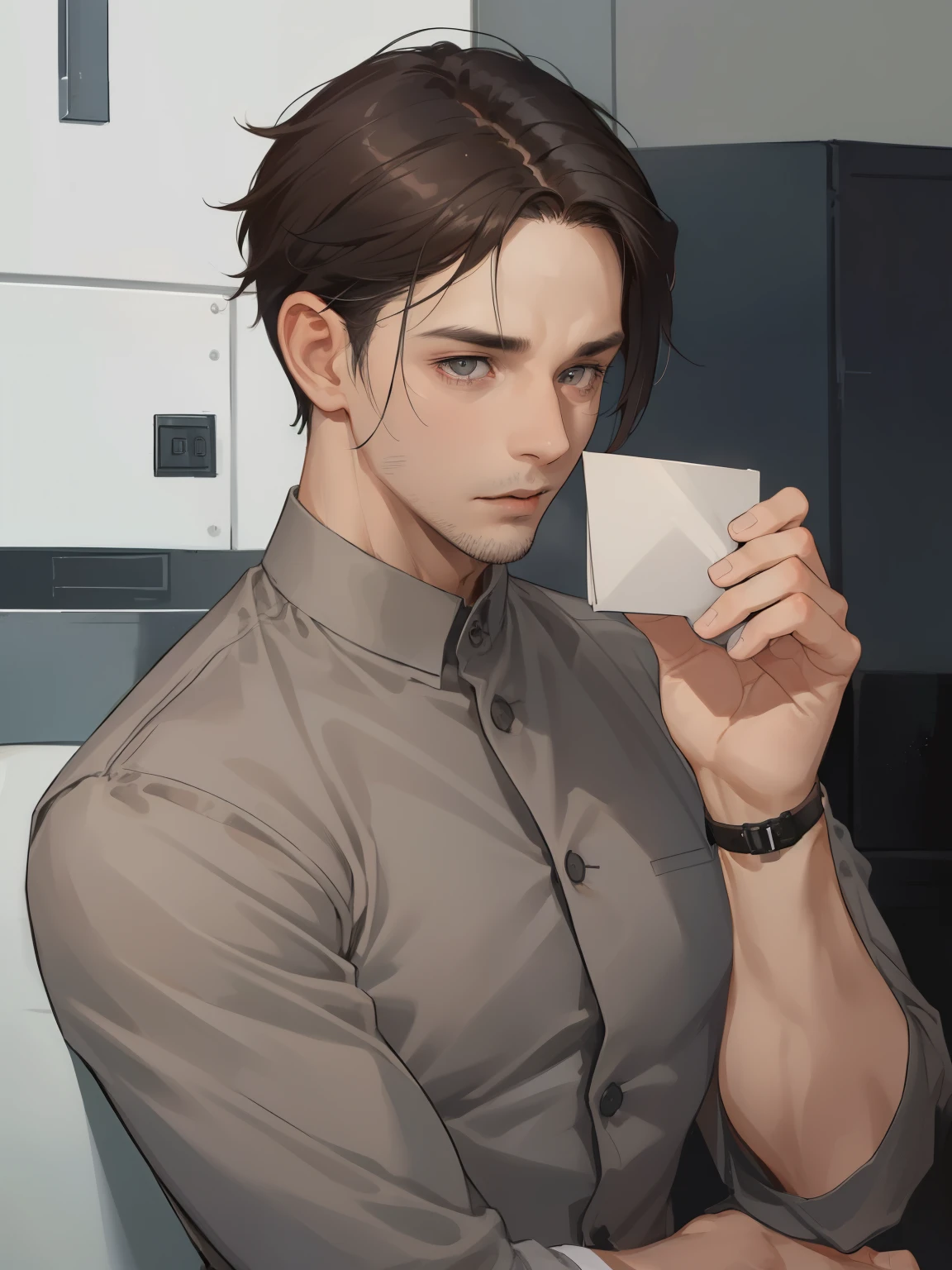 (((1 man))), (((mature))), (((36yo))), (((masculinity))), Slim, short hair, dark brown hair color, grey eyes