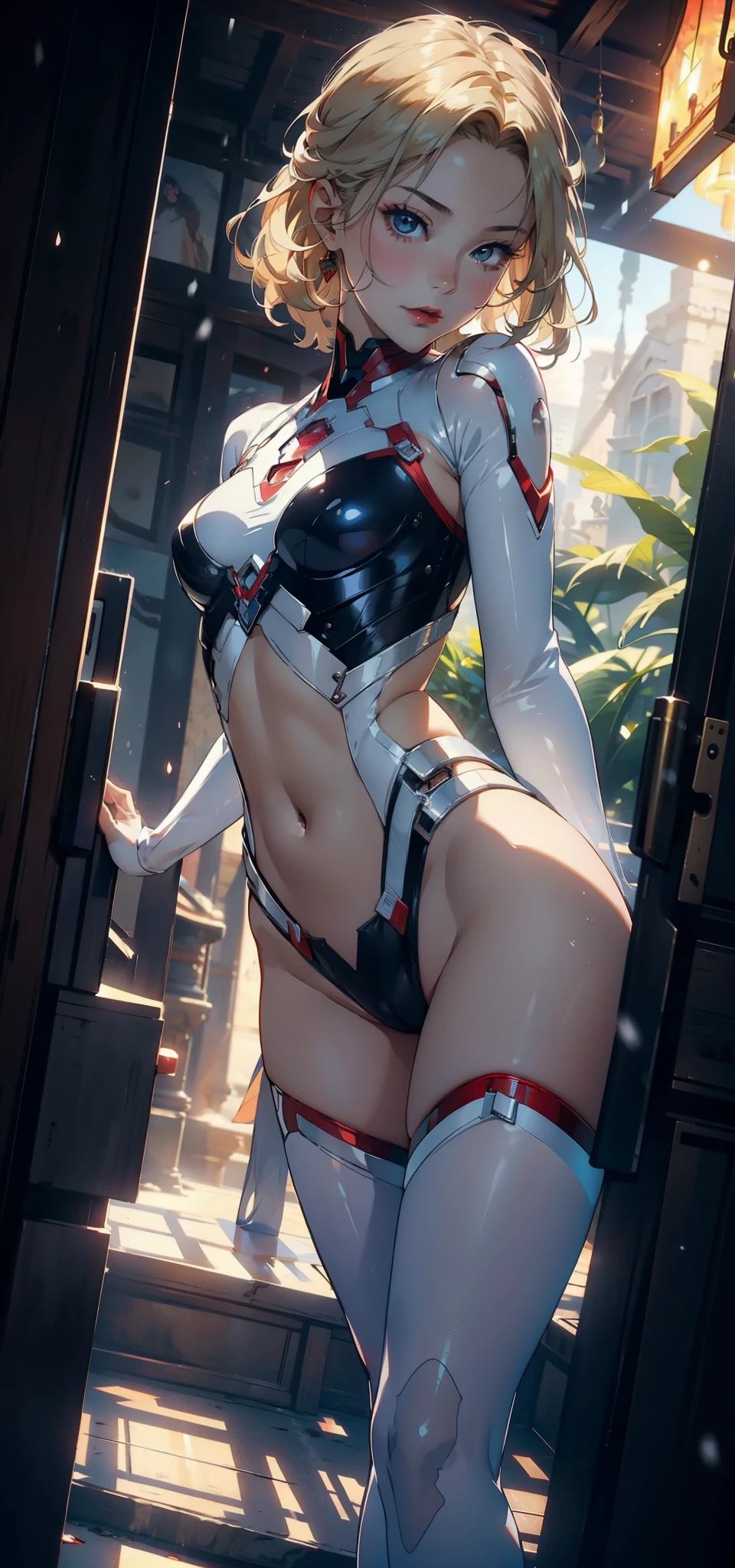 1 female,,small ,small breasts, solo,(background with:Rainforest) She has short blonde hair,,View from the front, straight hair,,(((masterpiece),(Very detailed CG Unity 8k wallpaper),best quality,light,detailed background,Beautiful and delicate eyes,bright pupils,blue eyes,snow white skin,red lips(Very delicate and beautiful),(Beautiful and detailed eye descriptions),Super detailed,masterpiece,))face camera,high resolution,Super detailed),violent house,exposed genitals, convex,legs are open,convex起性感,camel toe,,Xia,Iron Man