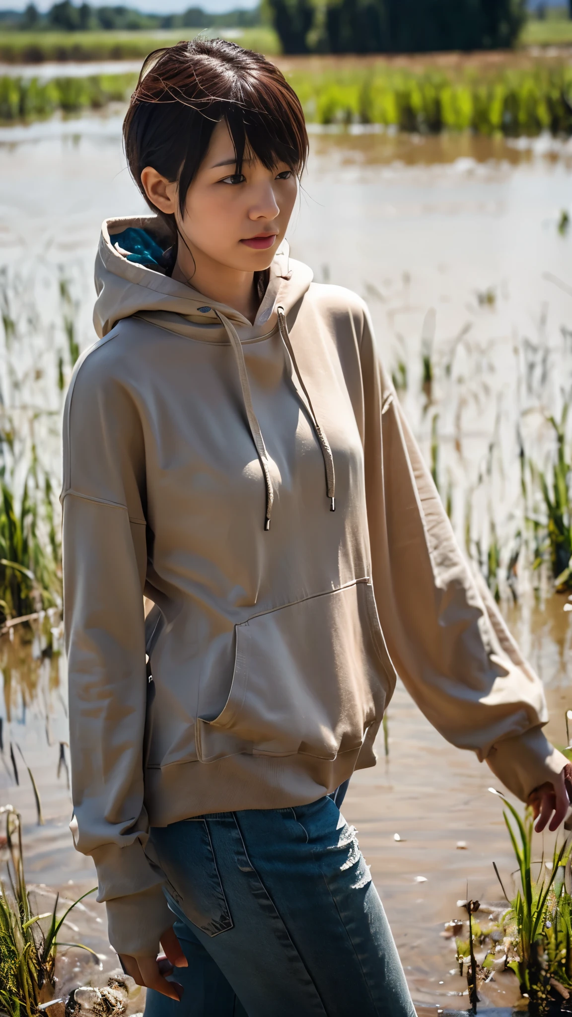 Mature vicious emaciated tormented woman, (Flares on vintage jeans:1.07), Drowning standing in a muddy swamp on the shin:1.2, Completely Body, For fading skin, Cracked wrinkles, pixie cut, Dirty tight hoodie, dramatic, atmospheric, photografic,