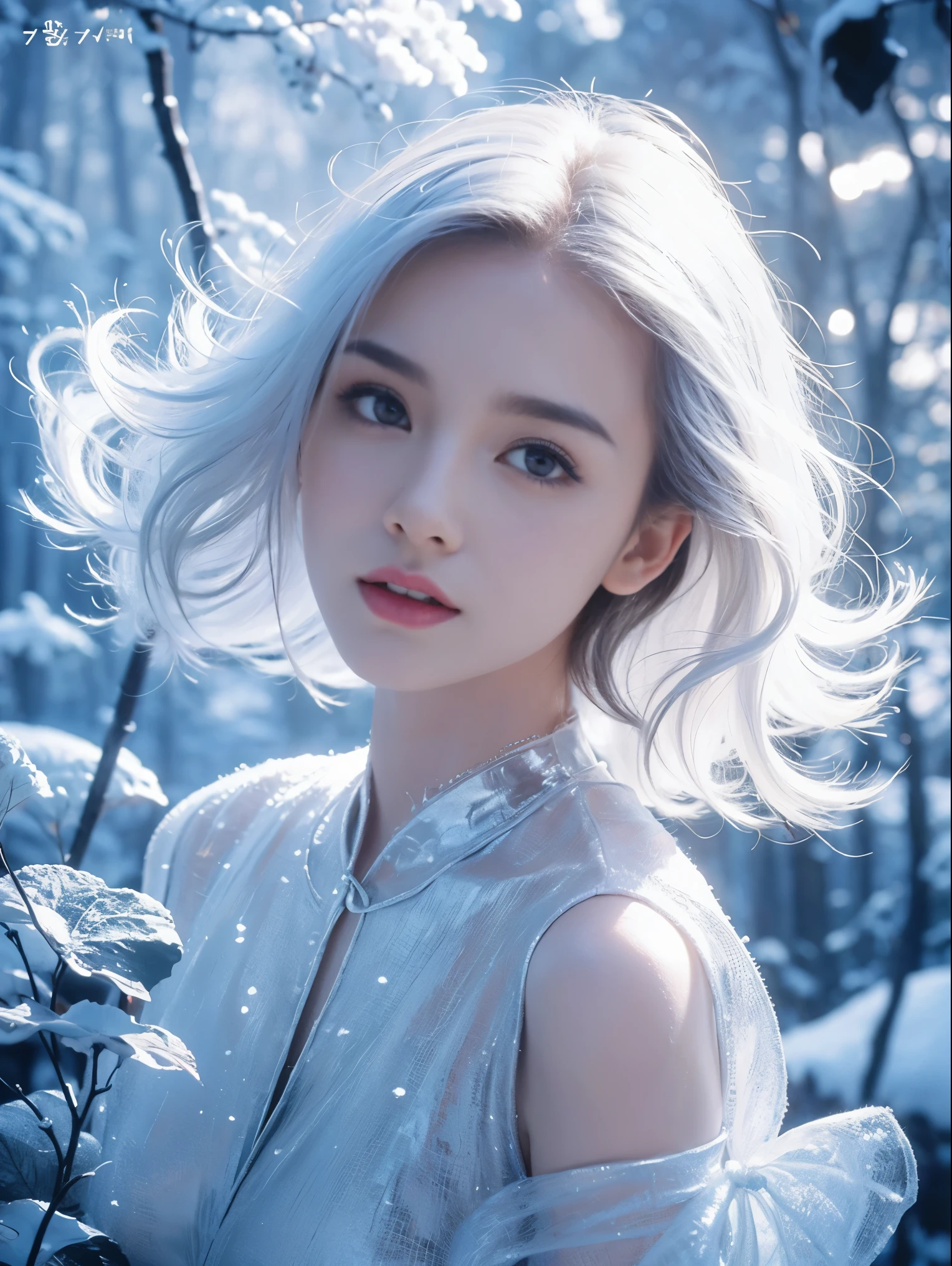 (((masterpiece))), best quality, illustration, 4k wallpaper, movie lighting, absurd, 1 girl,(snow,ice), snow花, in winter, white hair, shiny hair, curls, transparent clothes, frills, lace, wet clothes, leave_Shoulder, hair tie,masterpiece, telephoto lens, absurd, Exquisite facial features,record,Poster composition,pose elegantly,,Natural light,soft light,(Seven-part combination) ,epic,Dreamy and magical,mystery