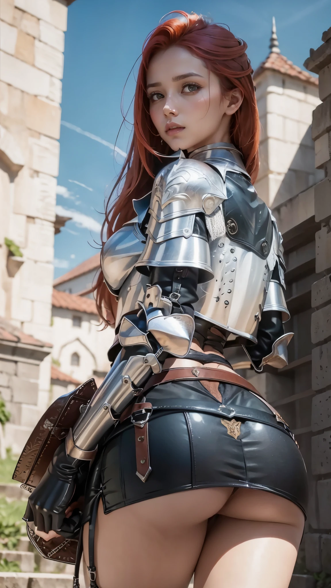 Um guerreira ruiva, de costas, usando uma armadura de placas, Steel gauntlets, steel gloves and steel breastplate, looking back, usando uma saia curta, saia vermelha, sem calcinha, bunda sexy grande recheada, empinada, redonda, aparecendo pussy, pussy aparecendo de baixo, (saia para cima), fantasia medieval, d&d, RPG, obra-prima, melhor qualidade, 8K