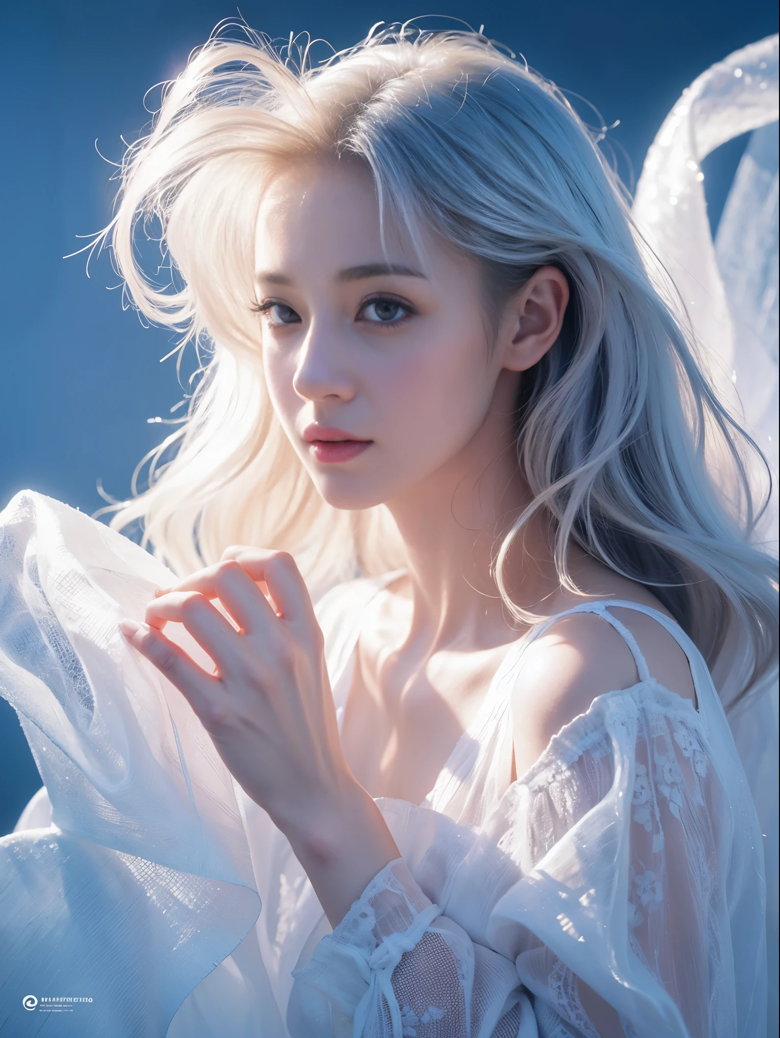 (((masterpiece))), best quality, illustration, 4k wallpaper, movie lighting, absurd, 1 girl,(snow,ice), snow花, in winter, white hair, shiny hair, curls, transparent clothes, frills, lace, wet clothes, leave_Shoulder, hair tie,masterpiece, telephoto lens, absurd, Exquisite facial features,record,Poster composition,pose elegantly,,Natural light,soft light,(Seven-part combination) ,epic,Dreamy and magical,mystery