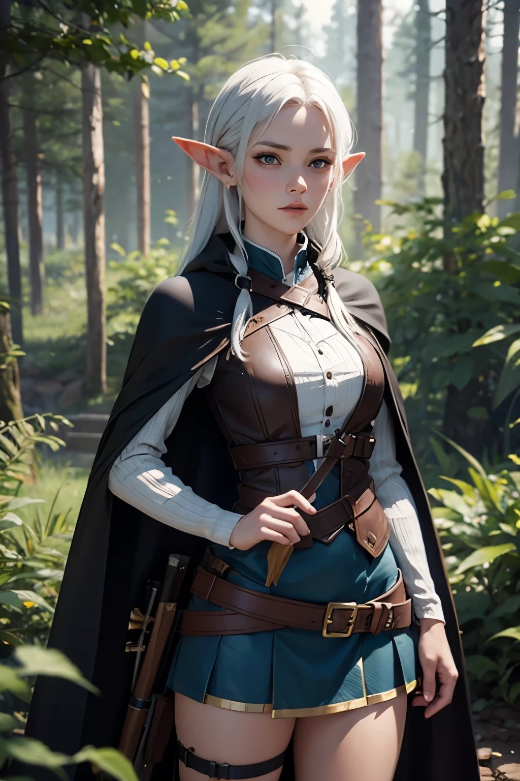 game characters, 3d renders, octane renders, (unreal engine), 8k, hd, 1girl, wearing blue waistcoast, elf girl, black cape, forest, holding an archery bow and quiver on back, white hair, pale skin, dense forest