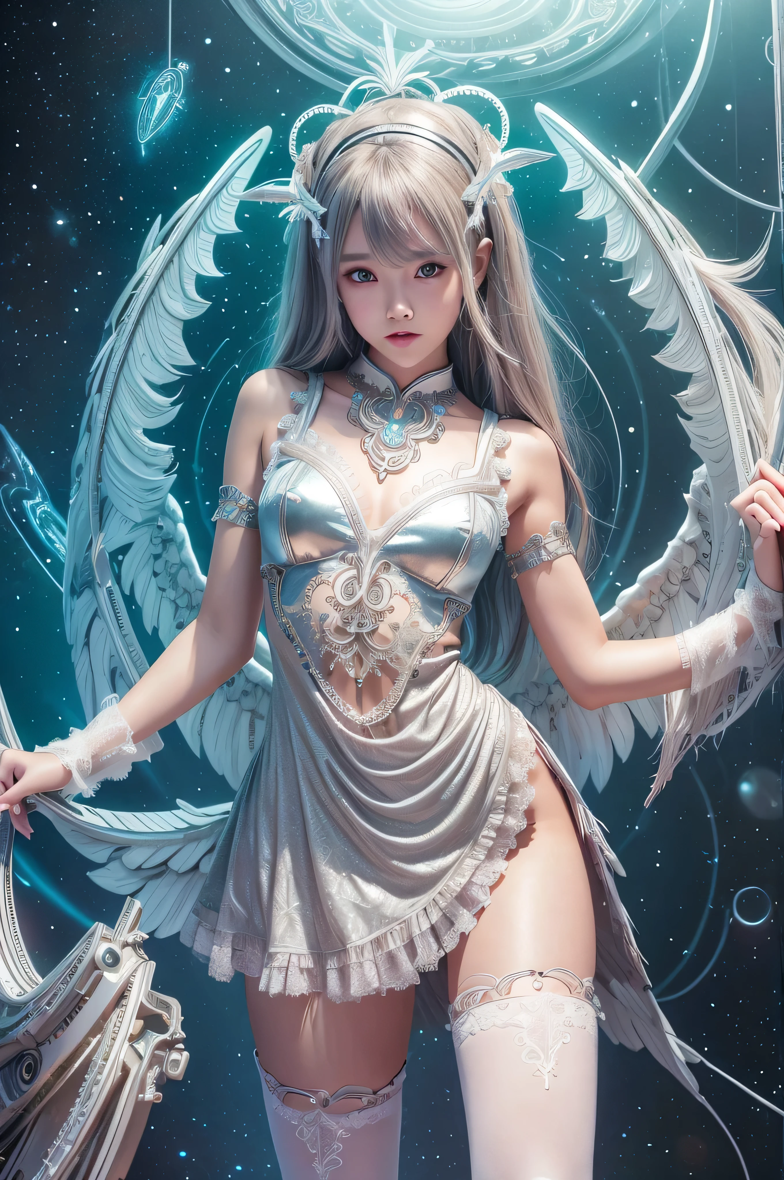 cyborg, girl, beautiful girl, cute, sexy, strong, thin, delicate, smile, lolita costume, High leg, metallic, ultra color, paisley, headgear, mandala, Near future, heaven, Angel, feather, wing, Helix lamp