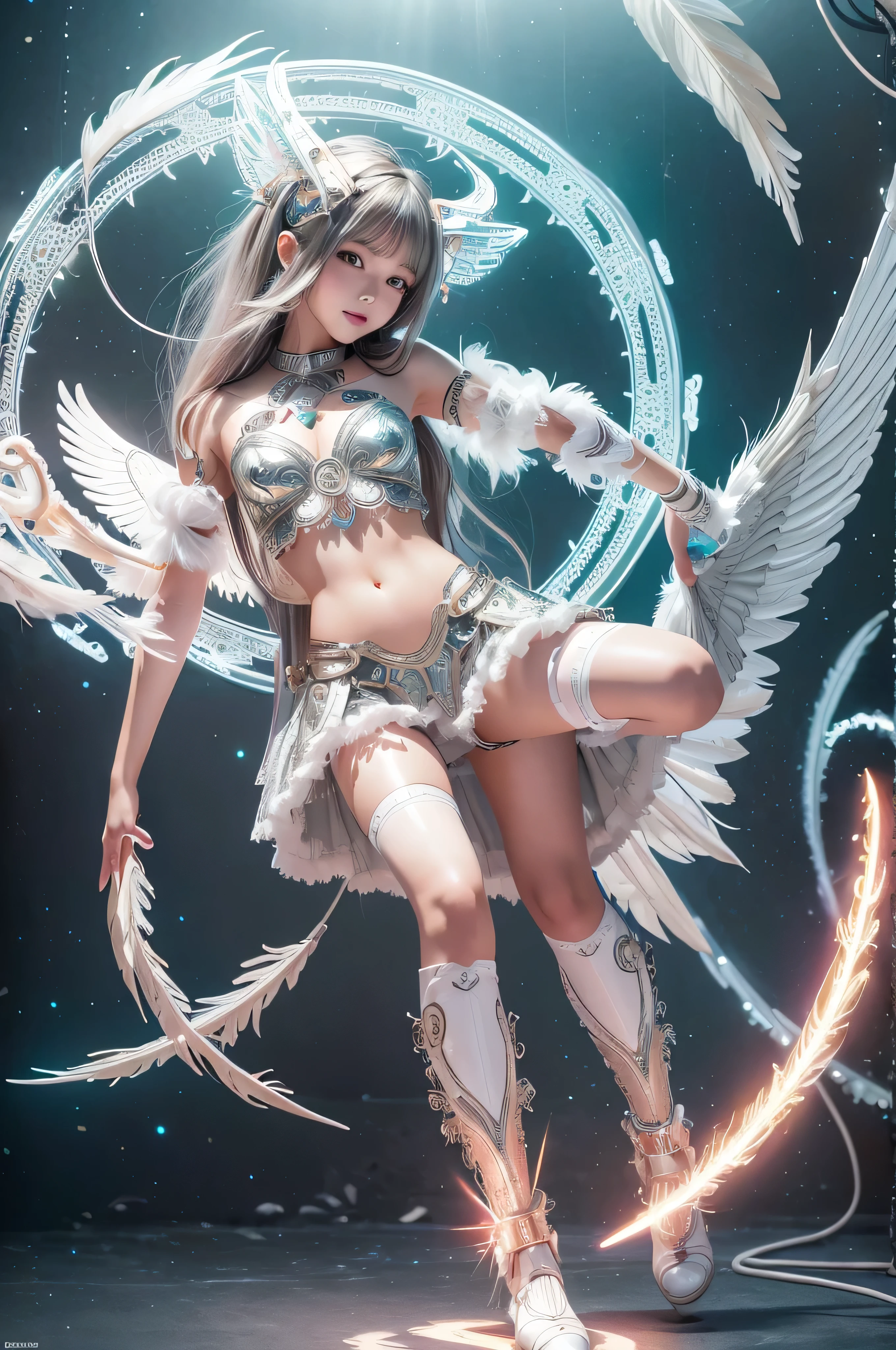 cyborg, girl, beautiful girl, cute, sexy, strong, thin, delicate, smile, ta costume, High leg, metallic, ultra color, paisley, headgear, mandala, Near future, heaven, Angel, feather, wing, Helix lamp