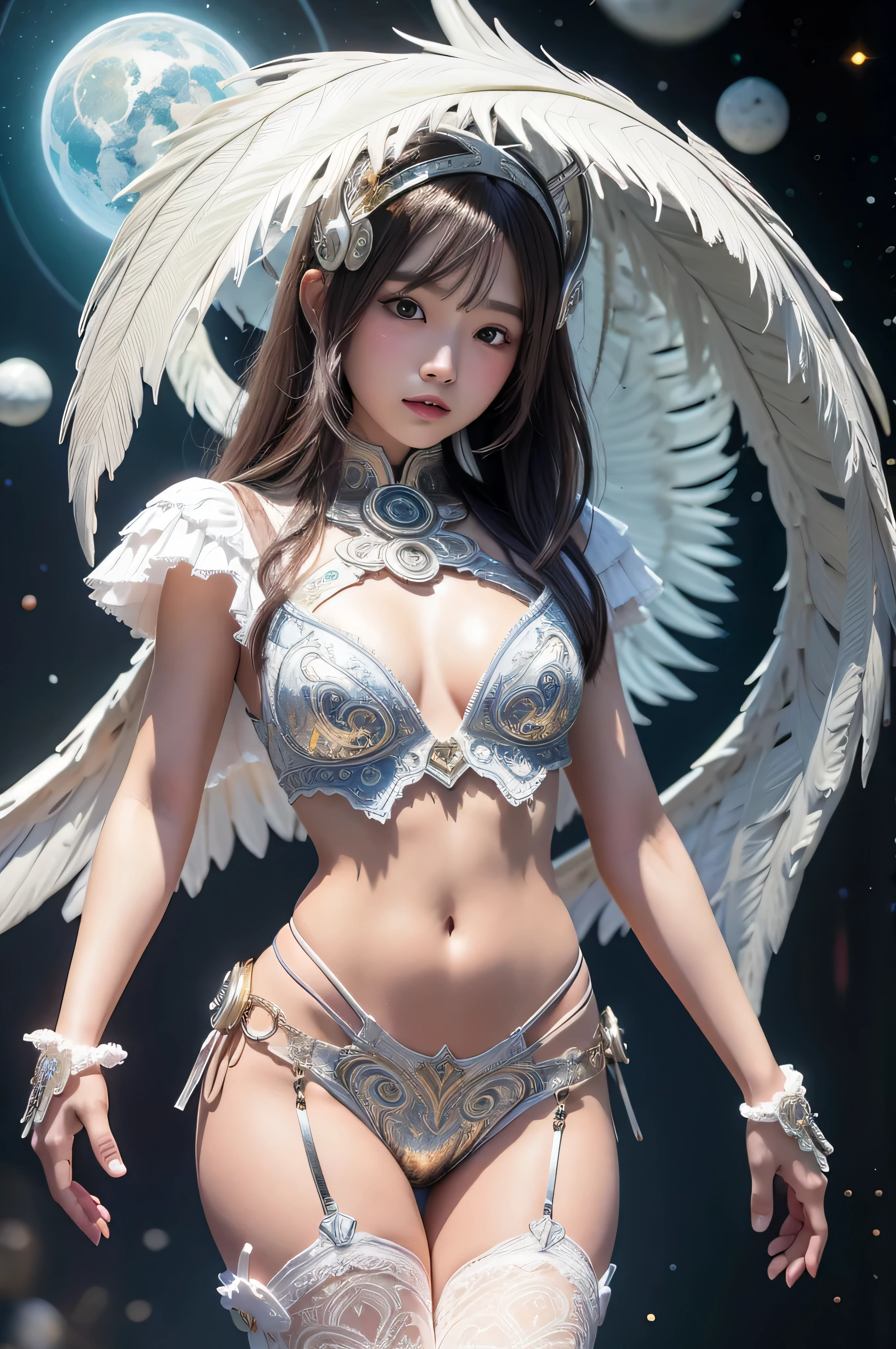 cyborg, girl, beautiful girl, cute, sexy, strong, thin, delicate, smile, ta costume, High leg, metallic, ultra color, paisley, headgear, mandala, Near future, heaven, Angel, feather, wing, Helix lamp