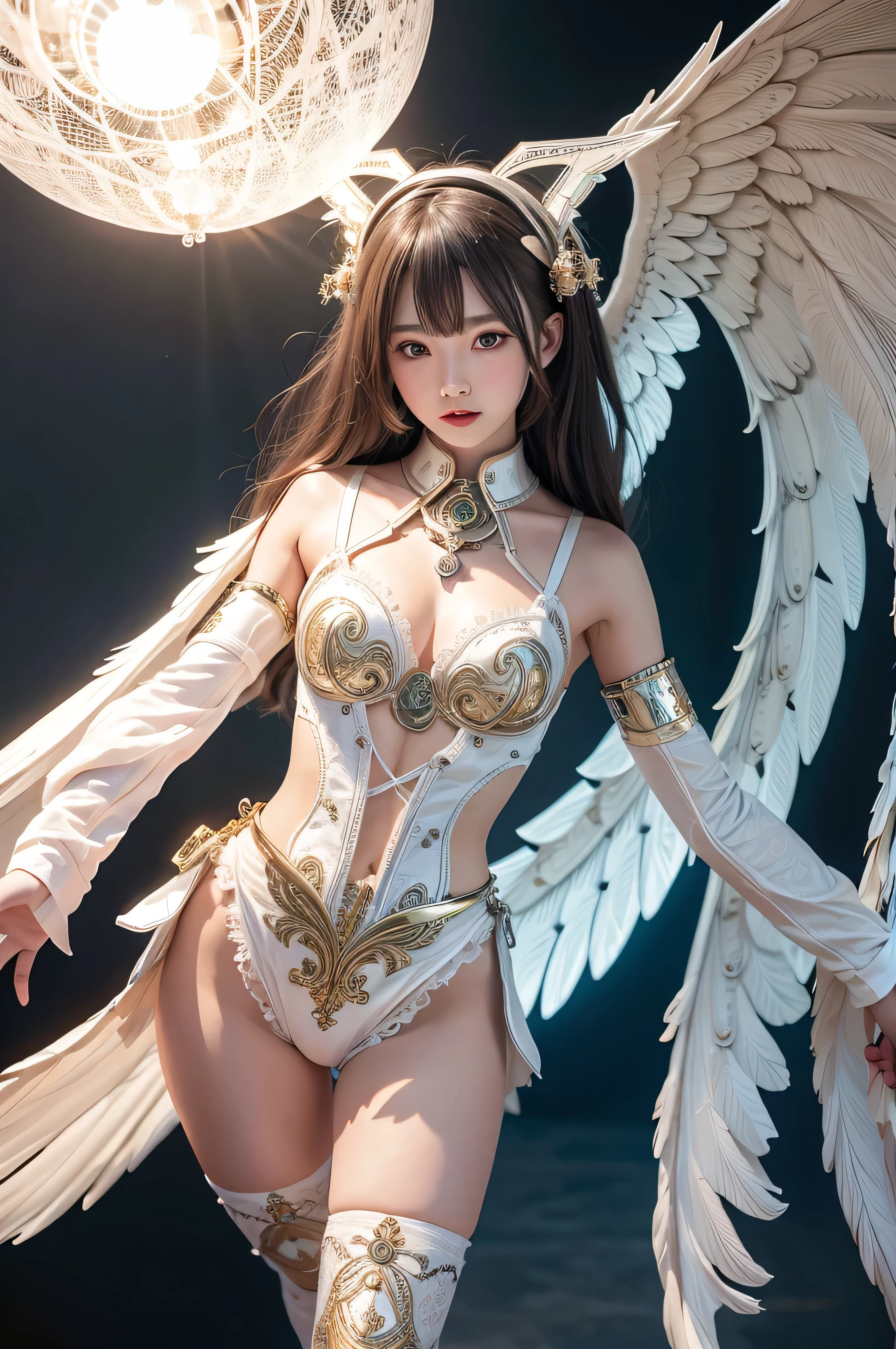 cyborg, girl, beautiful girl, cute, sexy, strong, thin, delicate, smile, ta costume, High leg, metallic, ultra color, paisley, headgear, mandala, Near future, heaven, Angel, feather, wing, Helix lamp