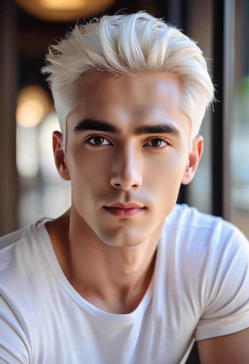 8k. 4k. white hair. white eyeblows, white eyelashes, white skin, good-looking guy, handsome, He typically appears clean-shaven. black t-shirt, handsome, The man