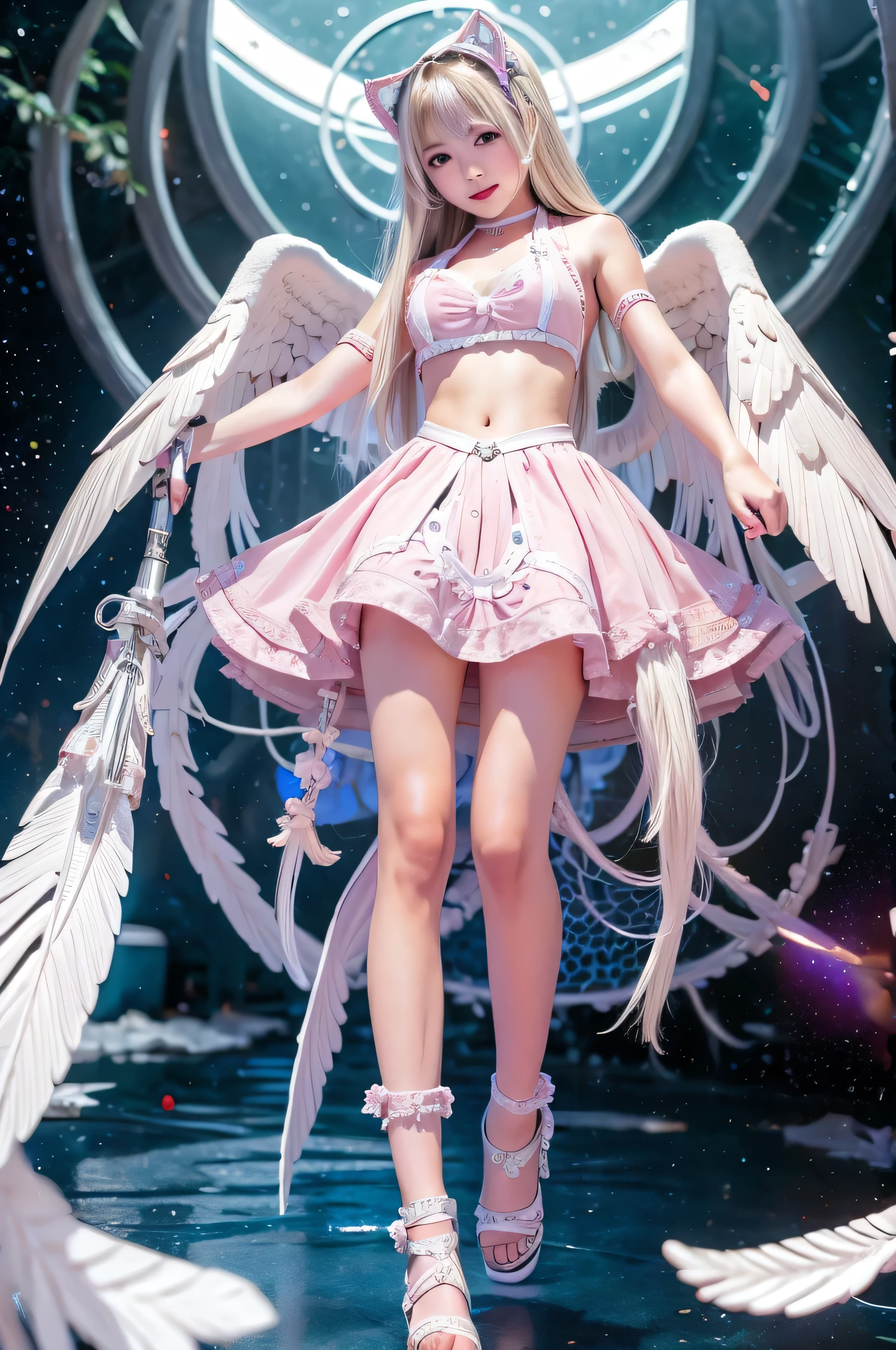 cyborg, girl, beautiful girl, , cute, sexy, strong, thin, delicate, smile, lolita costume, High leg, metallic, ultra color, paisley, headgear, mandala, Near future, heaven, Angel, feather, wing, Helix lamp
