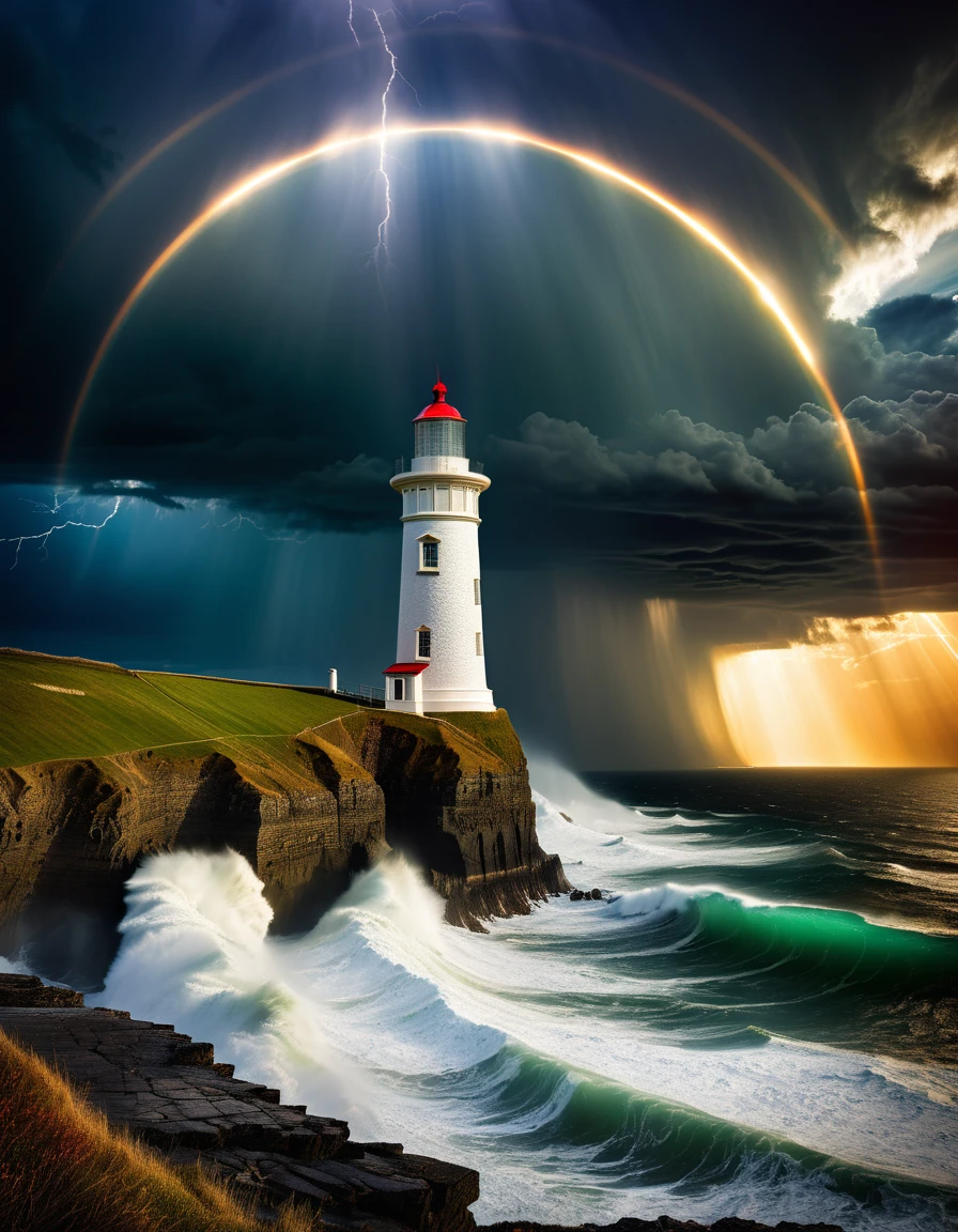 Lighthouse on cliff, solar halo and storm merge, dramatic contrast, textured lighthouse, stormy sky, ultrahigh definition, 3D depth, inspired by Leonardo da Vinci, Rembrandt, J.M.W. Turne