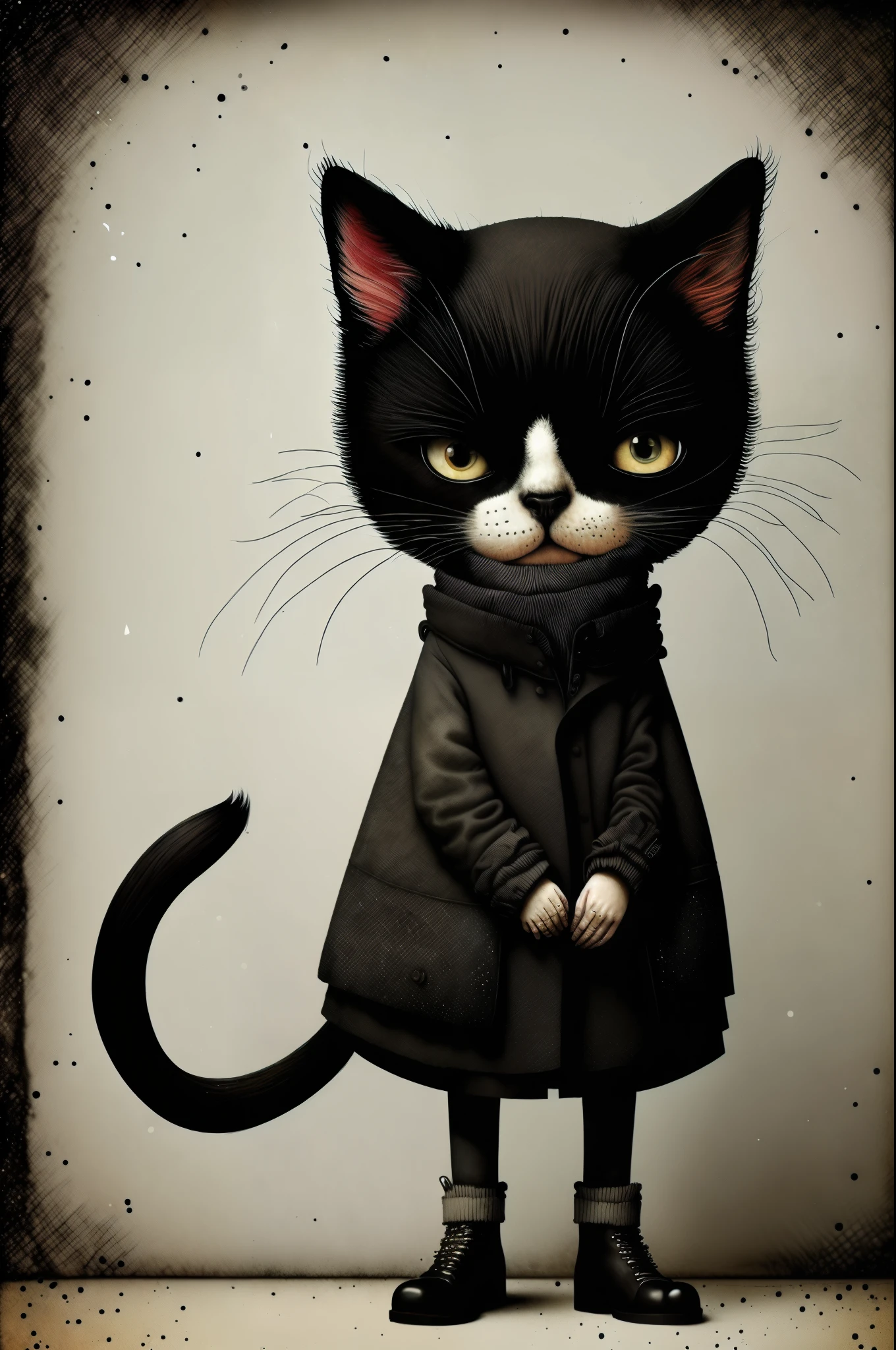 retro style black cat, ２age、short hair、earth color, punk, Happy, Optimistic, don hertzfeldt, Hieronymus Bosch, Gabriel Pacheco、cute、Charm that people like