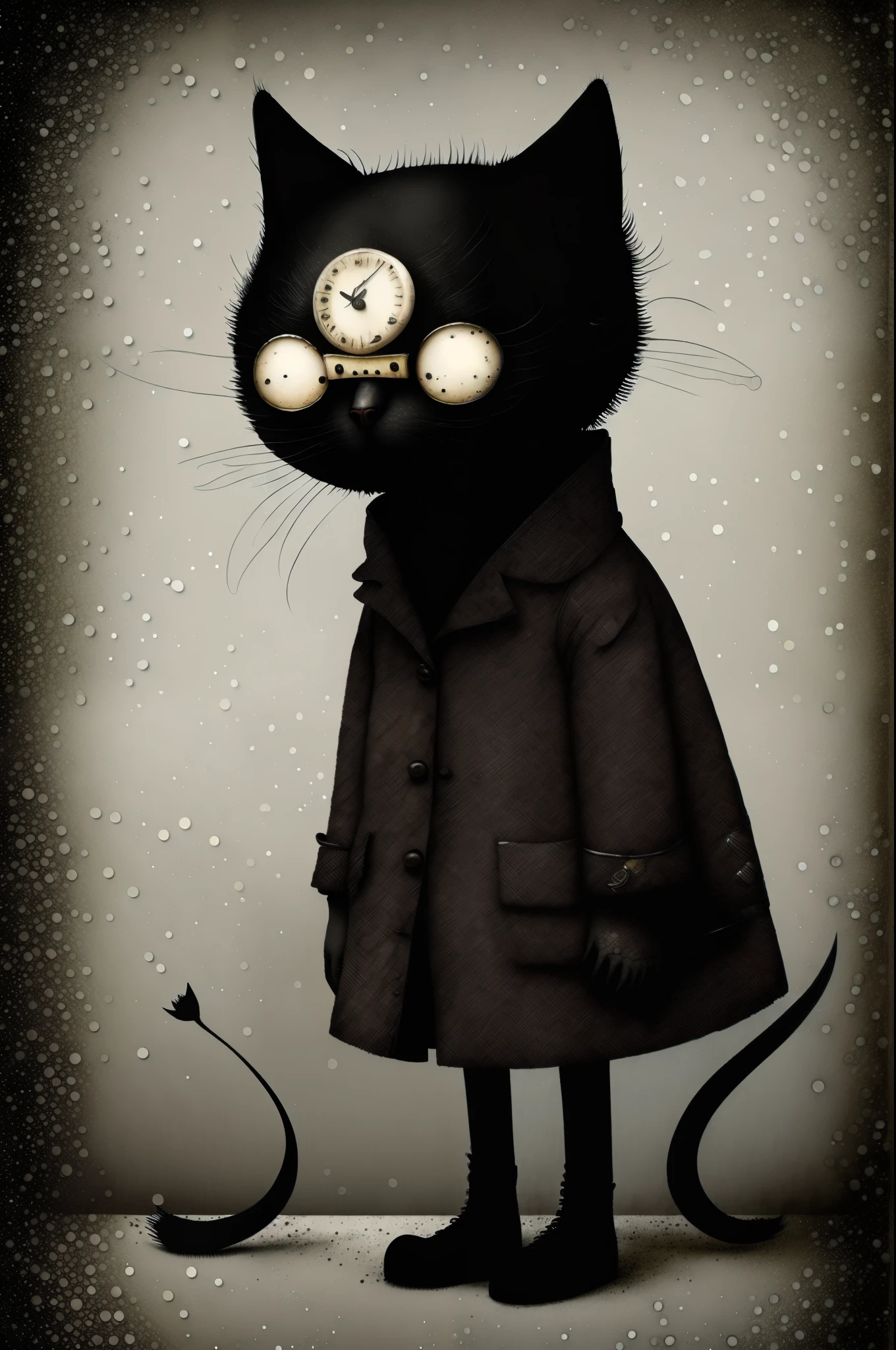 retro style black cat, 2age、short hair、earth color, punk, Happy, Optimistic, don hertzfeldt, Hieronymus Bosch, Gabriel Pacheco、cute、Charm that people like