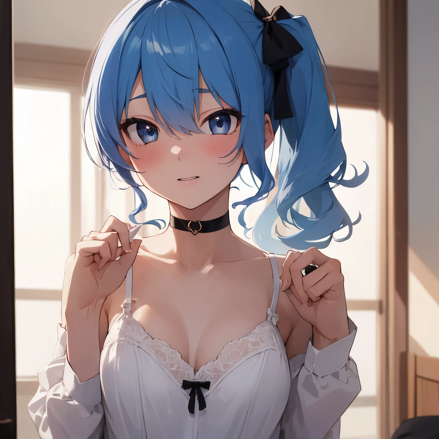 hoshimachi suisei,blue eyes,blue hair,choker,hair between eyes,medium hair,side ponytail,スターchoker,1 girl,highest quality, High resolution,(thin and beautiful eyes:1.6),(perfect hands, perfect anatomy),(((masterpiece))),((highest quality)),shyness,troubled face,excited,I&#39;m in heat,blush,whole body,high quality white lingerie,cleavage,thin waist,changing clothes,Dressing room