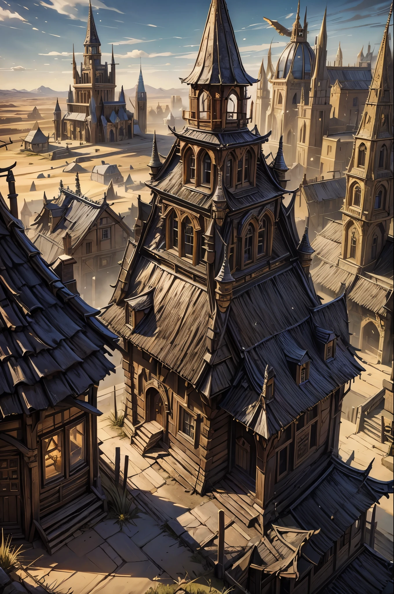 warcraft 3 run down town moonbrook, small houses and a old destroyed cobble road, desert and dried grass, big townhall,tower with bell, haystacks, wooden rails, hayroof, blacksmith, secret entrance to