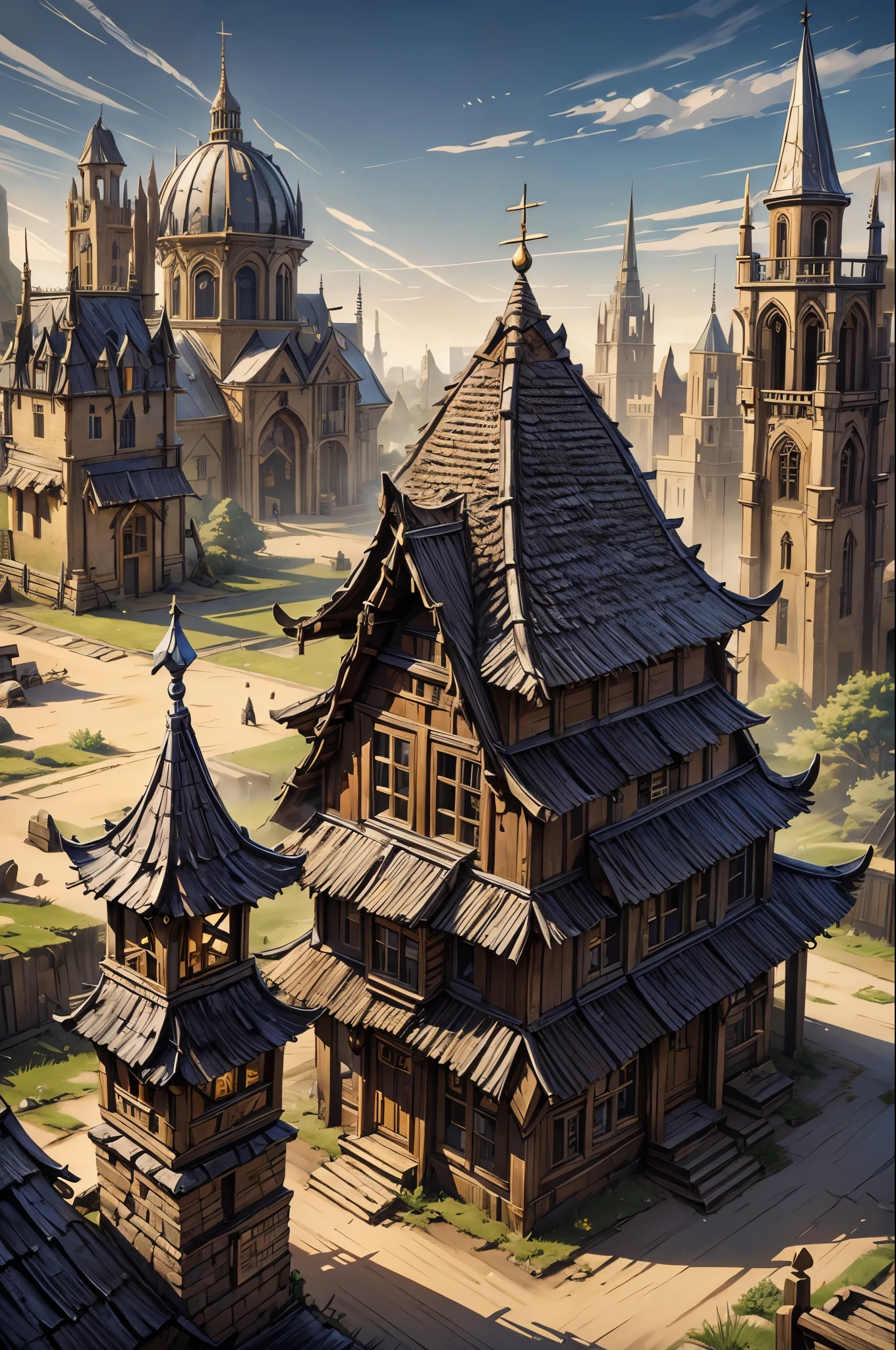 warcraft 3 run down town moonbrook, small houses and a old destroyed cobble road, desert and dried grass, big townhall,tower with bell, haystacks, wooden rails, hayroof, blacksmith, secret entrance to