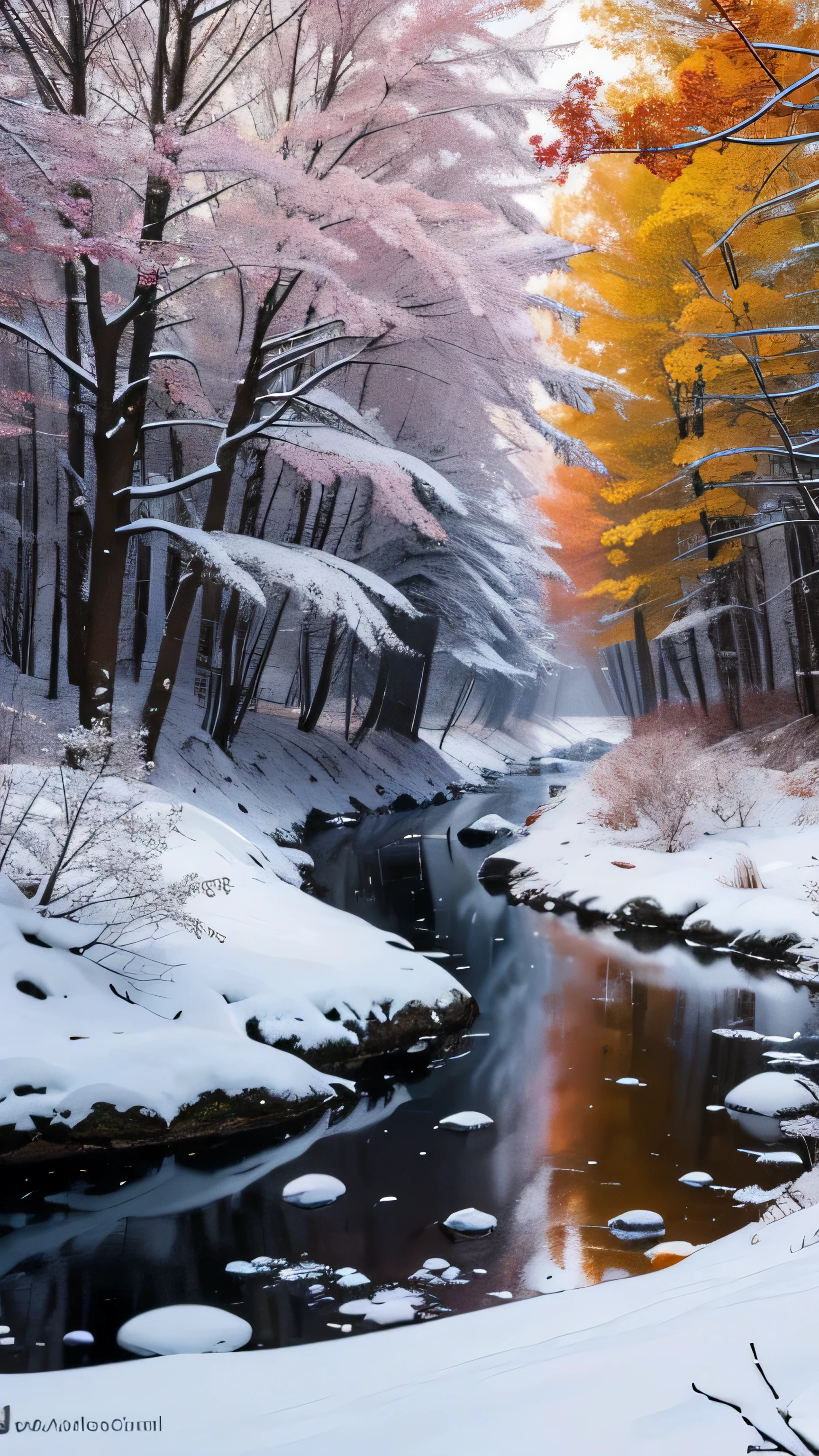Amidst the breathtaking spectacle of an autumn tree tunnel, a kaleidoscope of vibrant colors unfolds as snowflakes gently descend from the heavens, blanketing the ground in a pristine, white layer. The trees, adorned with hues of orange, red, and yellow leaves that dance in the gentle breeze, frame the scene in a mesmerizing fashion. The sunlight filters through the branches, casting an ethereal glow that enhances the natural beauty of the setting, making each leaf sparkle like precious gemstones. The crisp air carries the distinct scent of winter, adding an extra layer of enchantment to this picturesque moment, as the snowflakes twinkle