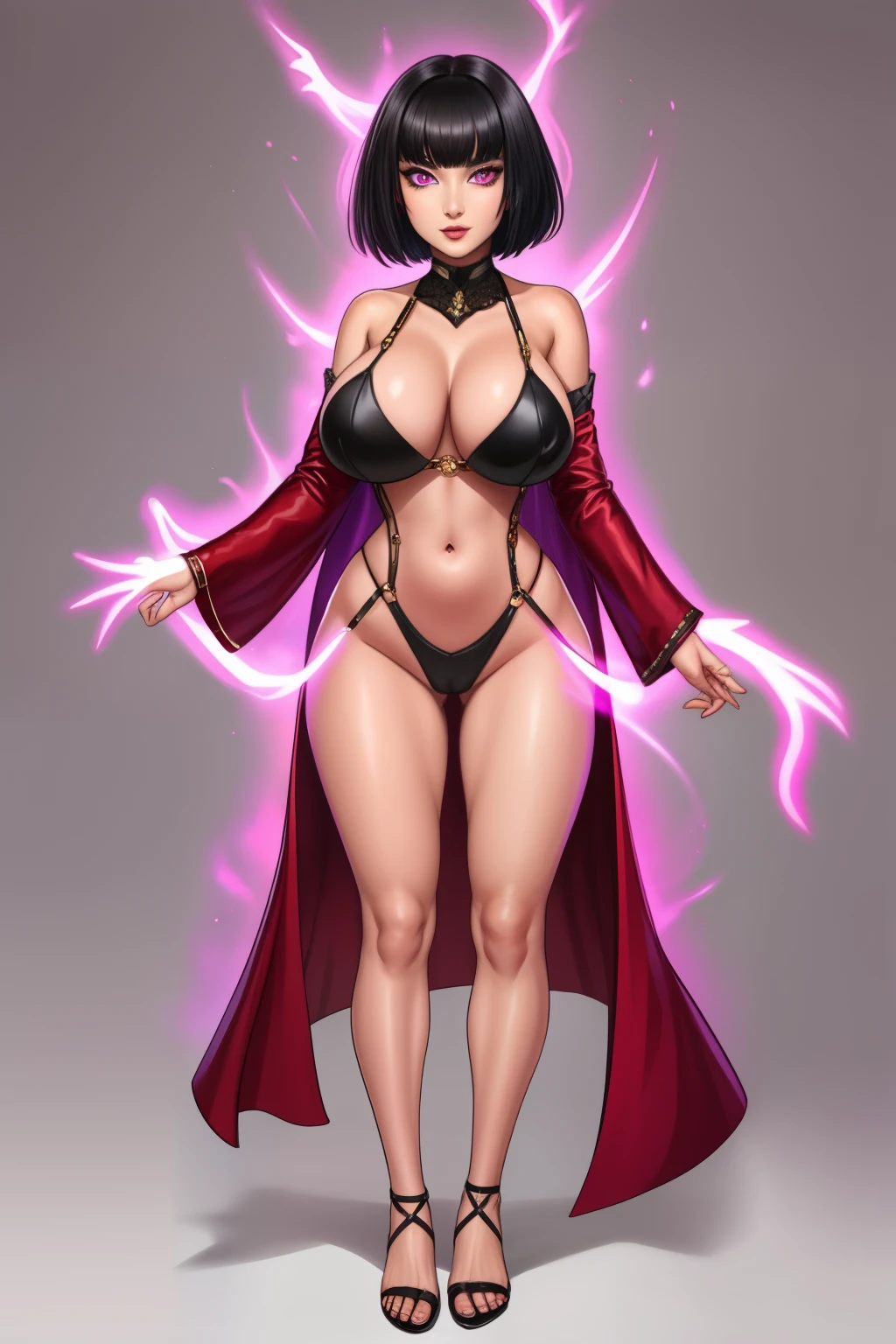 gorgeous woman, short black hair with red streaks, glowing purple eyes, full body shot