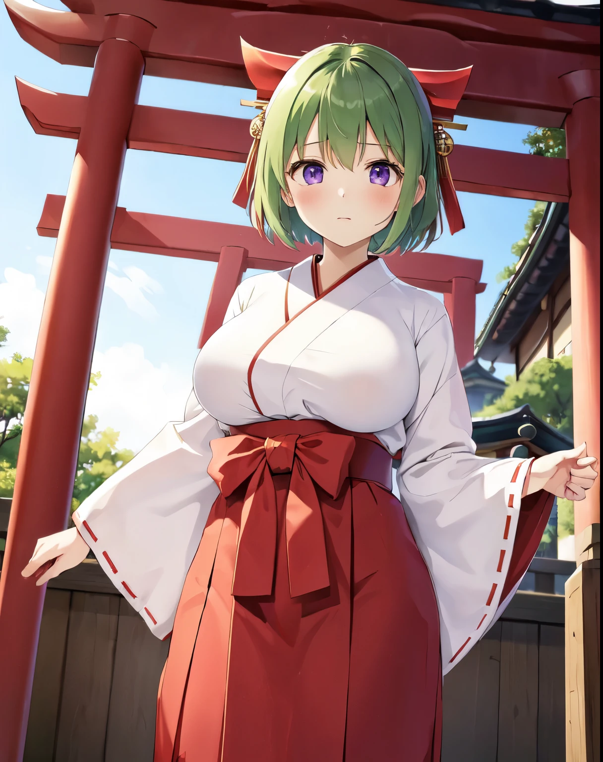(((masterpiece))), high quality、1 girl, alone, looking at the viewer, short hair, green hair、purple eyes、shrine maiden服、big breasts、shrine background、I&#39;m embarrassed、standing position、thin neck、geta、shrine maiden、front、shrine maidenコスプレ、白色と赤のshrine maiden服、red hakama、front、big breasts、disheveled clothes