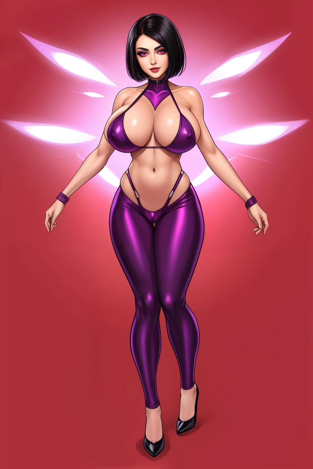 gorgeous woman, short black hair with red streaks, glowing purple eyes, full body shot