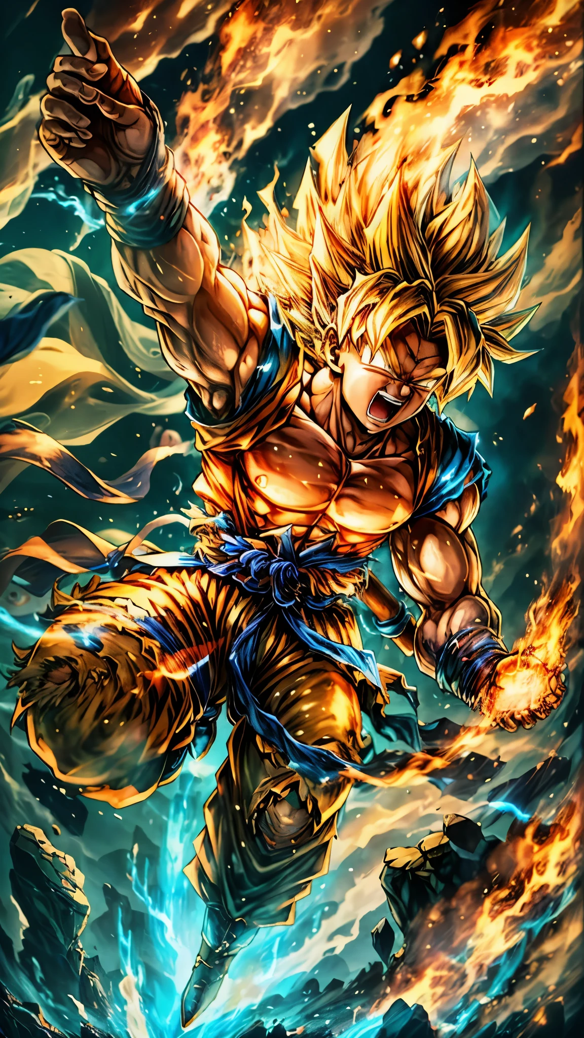 (RAW shooting, Photoreal:1.5, 8k, highest quality, masterpiece, ultra high resolution), ((Wukong, Super Saiyan)), perfect dynamic composition:1.2, Fight:1.2, いたるところで燃え上がる戦fire:1.3, Highly detailed skin and facial textures:1.2, force, aura, fire, water, Wind, thunder, ice, full body shot