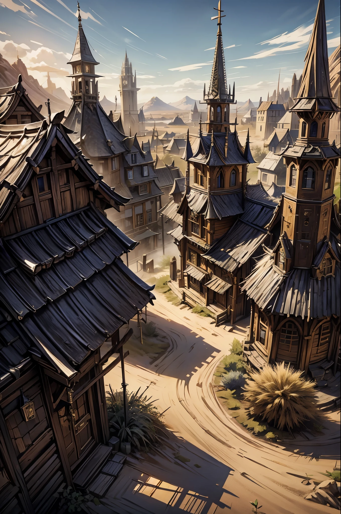 warcraft 3 run down town moonbrook, small houses and a old destroyed cobble road, desert and dried grass, big townhall,tower with bell, haystacks, wooden rails, hayroof, blacksmith, secret entrance to 