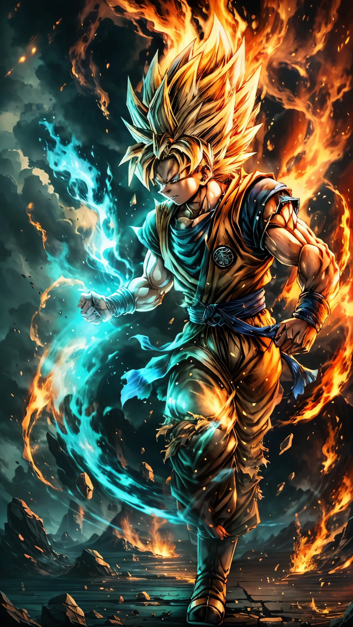 (RAW shooting, Photoreal:1.5, 8k, highest quality, masterpiece, ultra high resolution), ((Wukong, Super Saiyan)), perfect dynamic composition:1.2, Fight:1.2, いたるところで燃え上がる戦fire:1.3, Highly detailed skin and facial textures:1.2, force, aura, fire, water, Wind, thunder, ice, full body shot