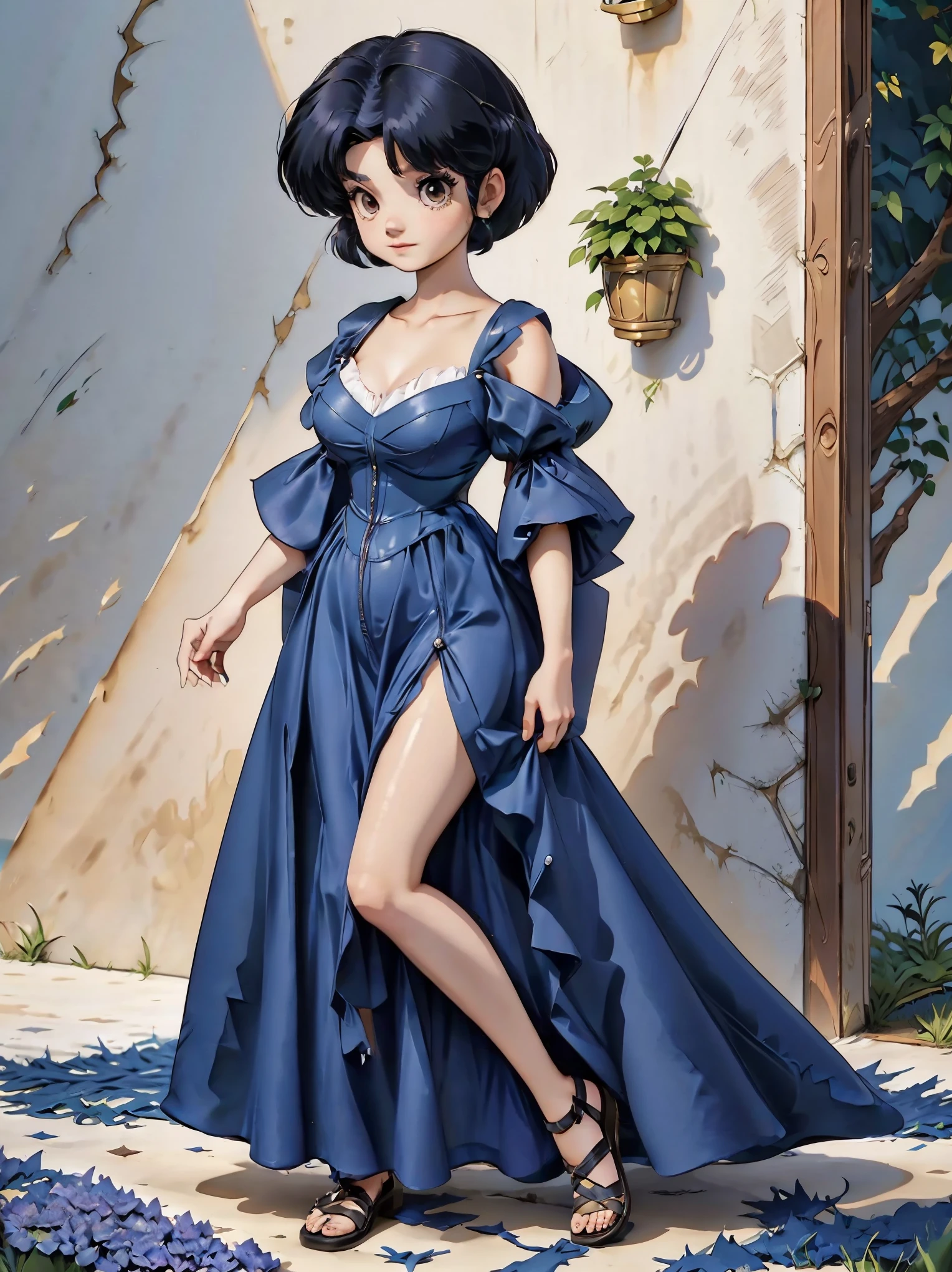  Anime girl with dark bluish hair in a blue princess dress and corset, 16 years old, beautiful body, big breasts, with her hands on her waist, hands in her hair, Sexy girl, bluish hair, side locks of hair with a pink bow, locks of hair with a bow on the side of the face, beautiful lighting, soft shadows, brown eyes, beautiful toned legs, short hair, anime style, hand on the waist, hand in the hair, character Akane Tendo, author Rumiko Takahashi, Based on a work by Rumiko Takahashi, Anime Ranma 1/2, sexy cleavage, robust hips, full body, full body, large bust, young woman with beautiful and beautiful body, sandals on her feet, 16 year old girl, dressed as a princess and corset, anime girl, anime style, beautiful feet in sandals, outdoors, big chest, beautiful breasts, black hair, sandals on feet, beautiful legs, sexy, beautiful legs, Sandals, big breasts, full body, full body, feet in sandals, big bust