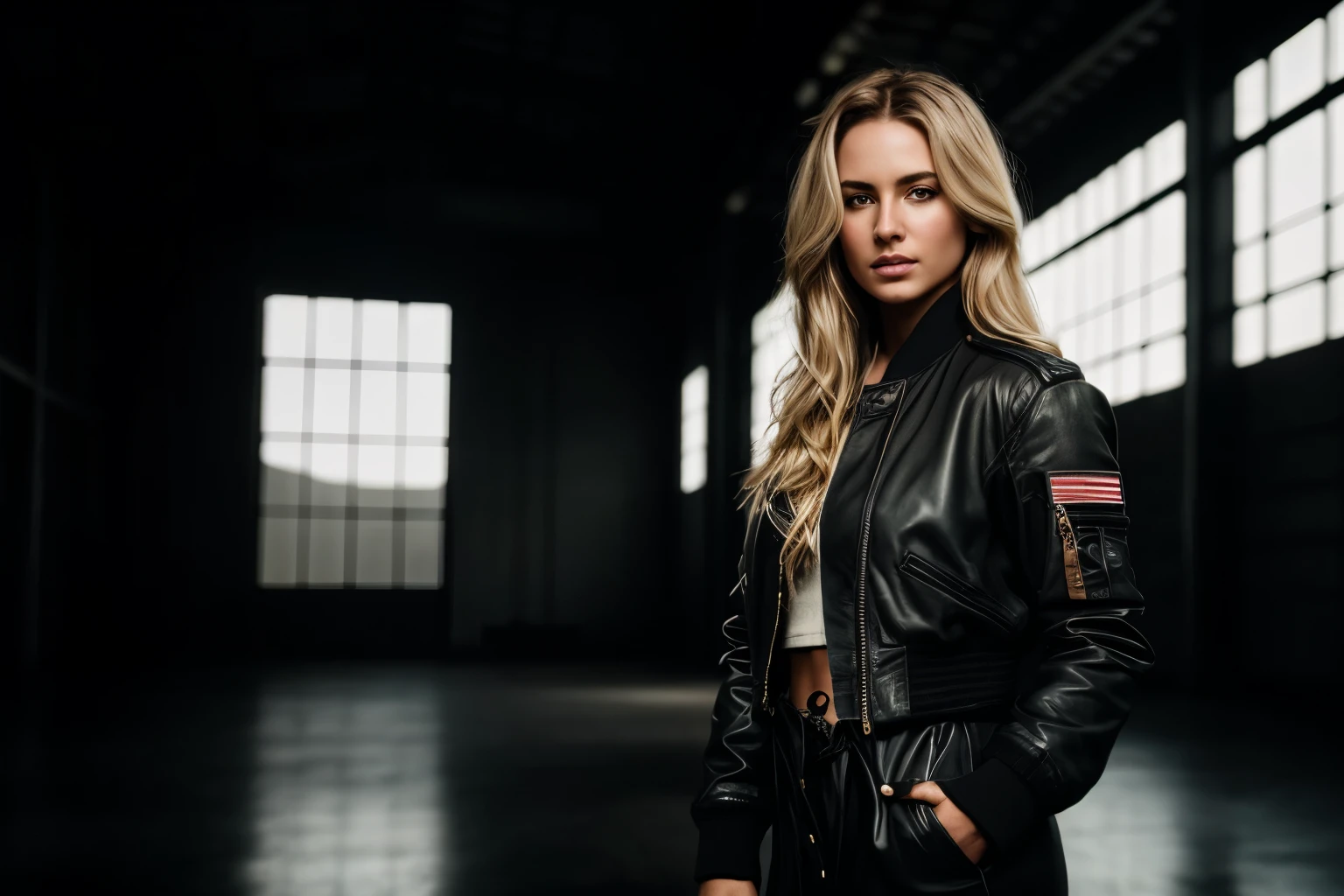 photorealistic full body portrait of stunning, sly female pilot in a hangar, old leather uniform, bomber jacket, (8k, RAW photo, best quality, masterpiece:1. 2), (realistic, photo-realistic:1. 37) ultra-detailed, beautiful detailed eyes, beautiful detailed lips, a captivating gaze, and an alluring expression. beautiful dynamic dramatic dark moody lighting, shadows, cinematic atmosphere, photograph, focal length, ((waist long, messy, wild, blonde, hair)),
