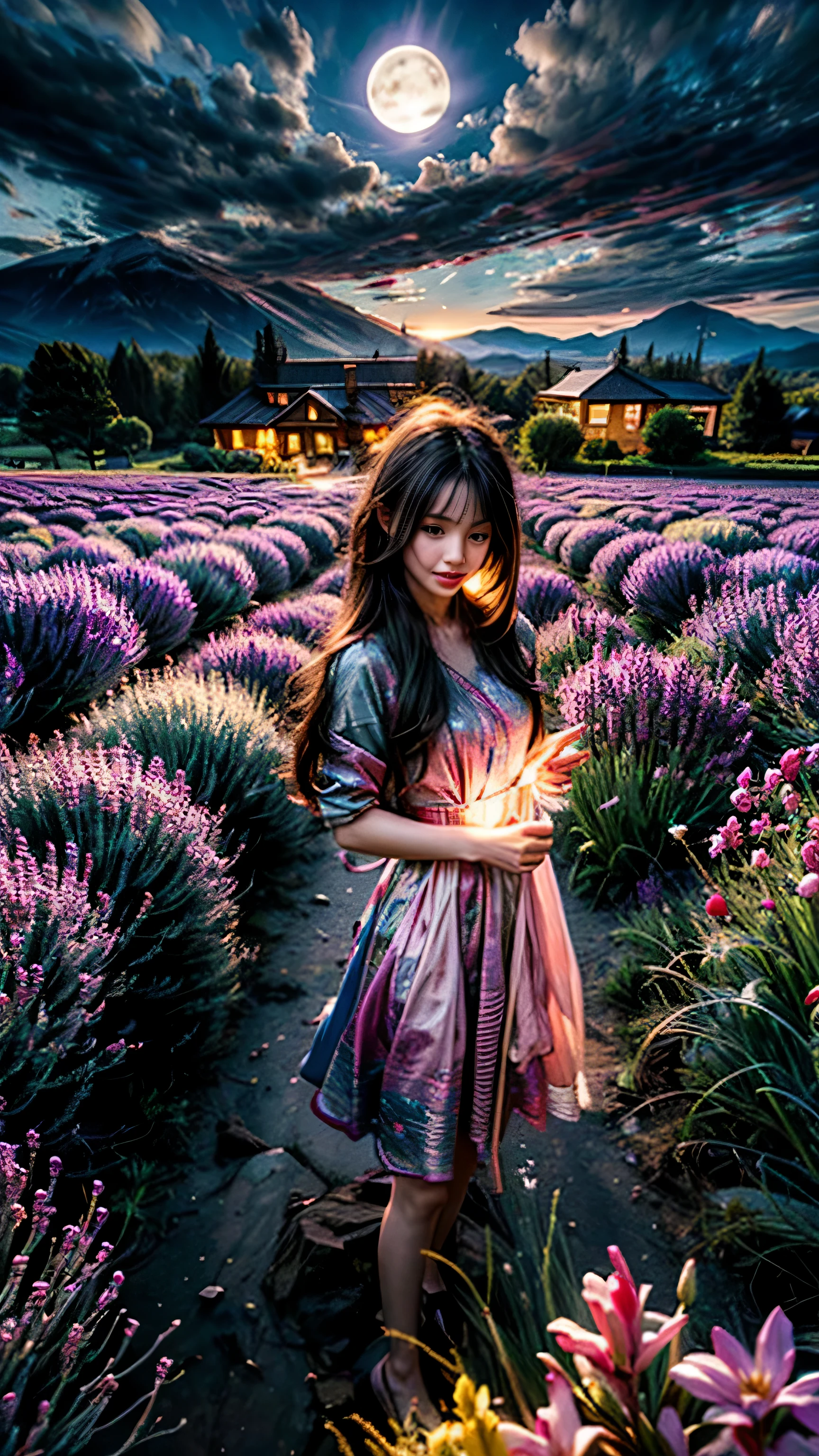 vast landscape photography,early morning, (seen from below, the sky is above、The fields are below), A girl standing in a flower field and looking up, Spectacular lavender field in full bloom, There are mountains in the distance. lavender is dark purple, And the fields are filled with a sweet scent. The moon is shining brightly, and the sky is deep blue. there are some clouds in the sky, and a slight breeze is blowing in the air. A winding road continues through the lavender fields, connected to a small hut in the distance. The image is in high definition, with lots of details.