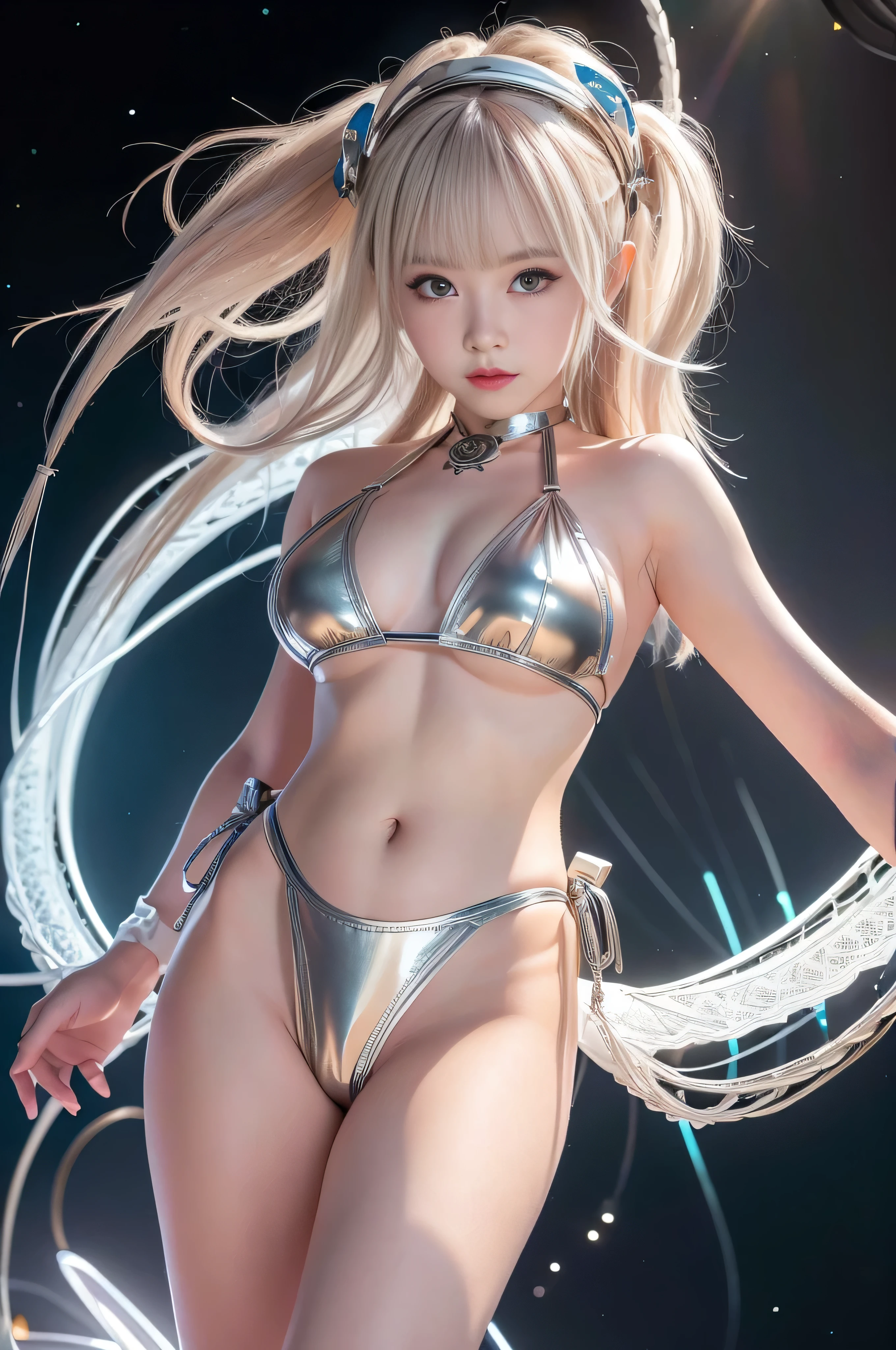 cyborg, girl, beautiful girl, , cute, sexy, braid hair, strong, thin, delicate, smile, lolita costuHigh leg, (metal super micro bikini:1.4), ultra color, paisley, headgear, mandala, Near future, heaven, Angel, feather, wing, Helix lamp, sexyポーズ, portrait,
