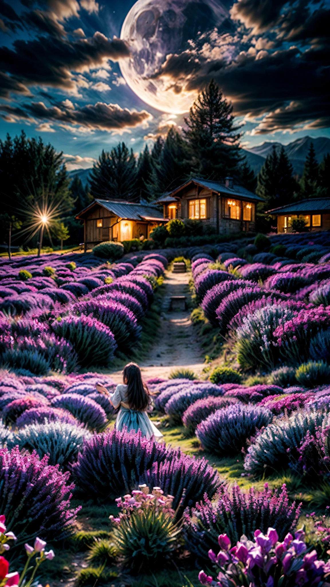 vast landscape photography,early night, (seen from below, the sky is above、The fields are below), A girl standing in a flower field and looking up, A stunning field of lavender in full bloom, with mountains in the distance. The lavender is a deep purple color, and the field is filled with its sweet scent. The moon is shining brightly, and the sky is a dark blue. There are a few clouds in the sky, and a slight breeze is in the air. A path winds through the lavender field, leading to a small cottage in the distance. The image is high resolution, with a lot of detail.