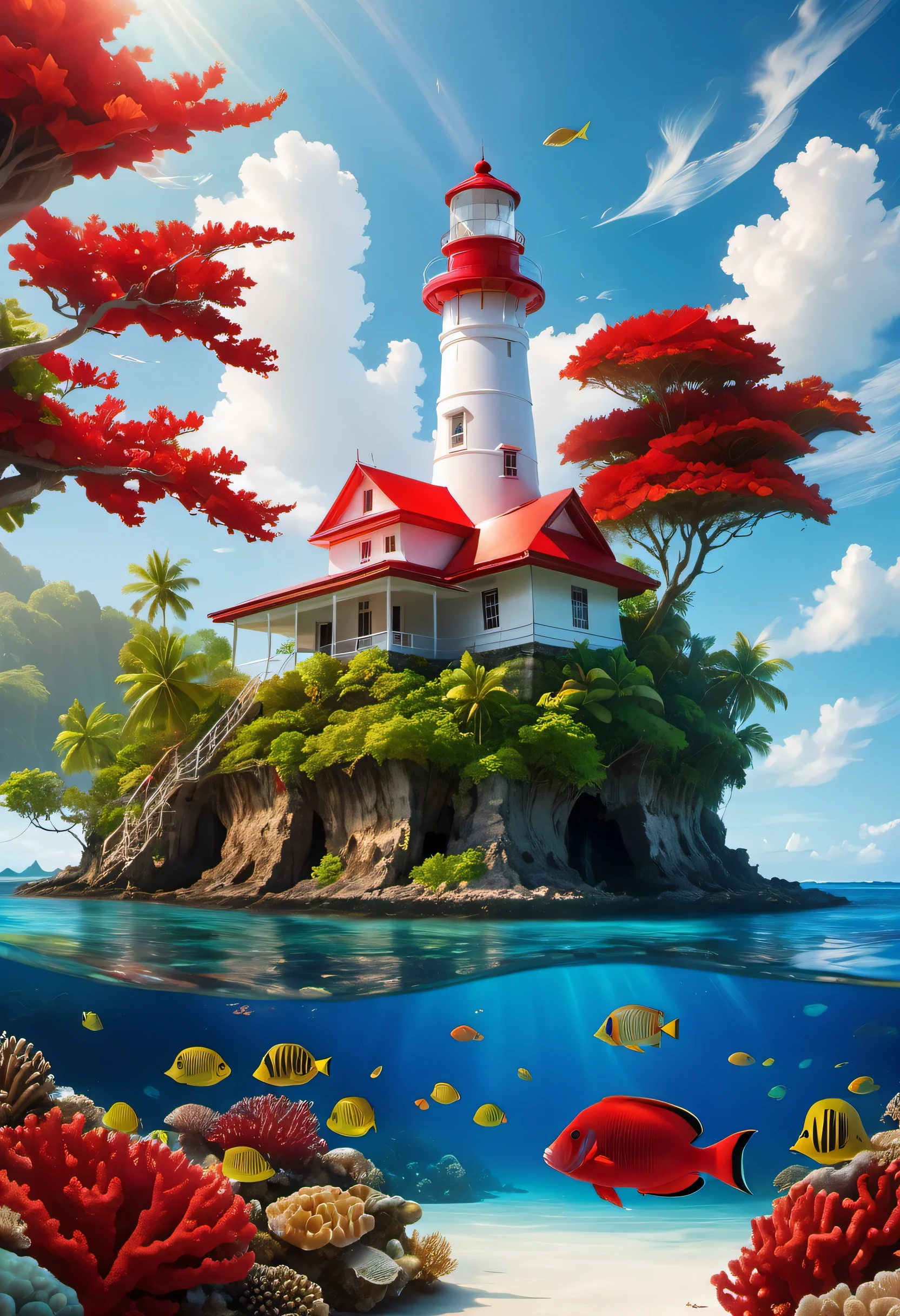 lighthouse, Built on a small island in Micronesia, clear, calm sea, (white and red coral reef:1.2), tropical fish, Best configuration