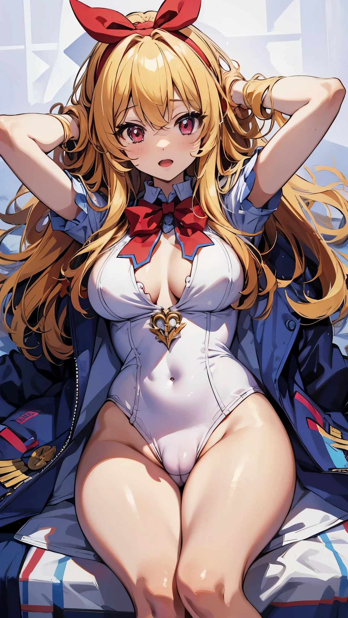 aikatsu,ihoshimiya,blonde_hair,red_hair_band,(masterpiece:1.2, highest quality), Ultra-detailed illustrations, perfect anatomy, alone, 1 girl, big_chest,school uniform,(Upper body:1.3),open mouth, embarrassing ,blush,(spread legs:1.3),(legs up),(cameltoe:1.3),Navel exposed