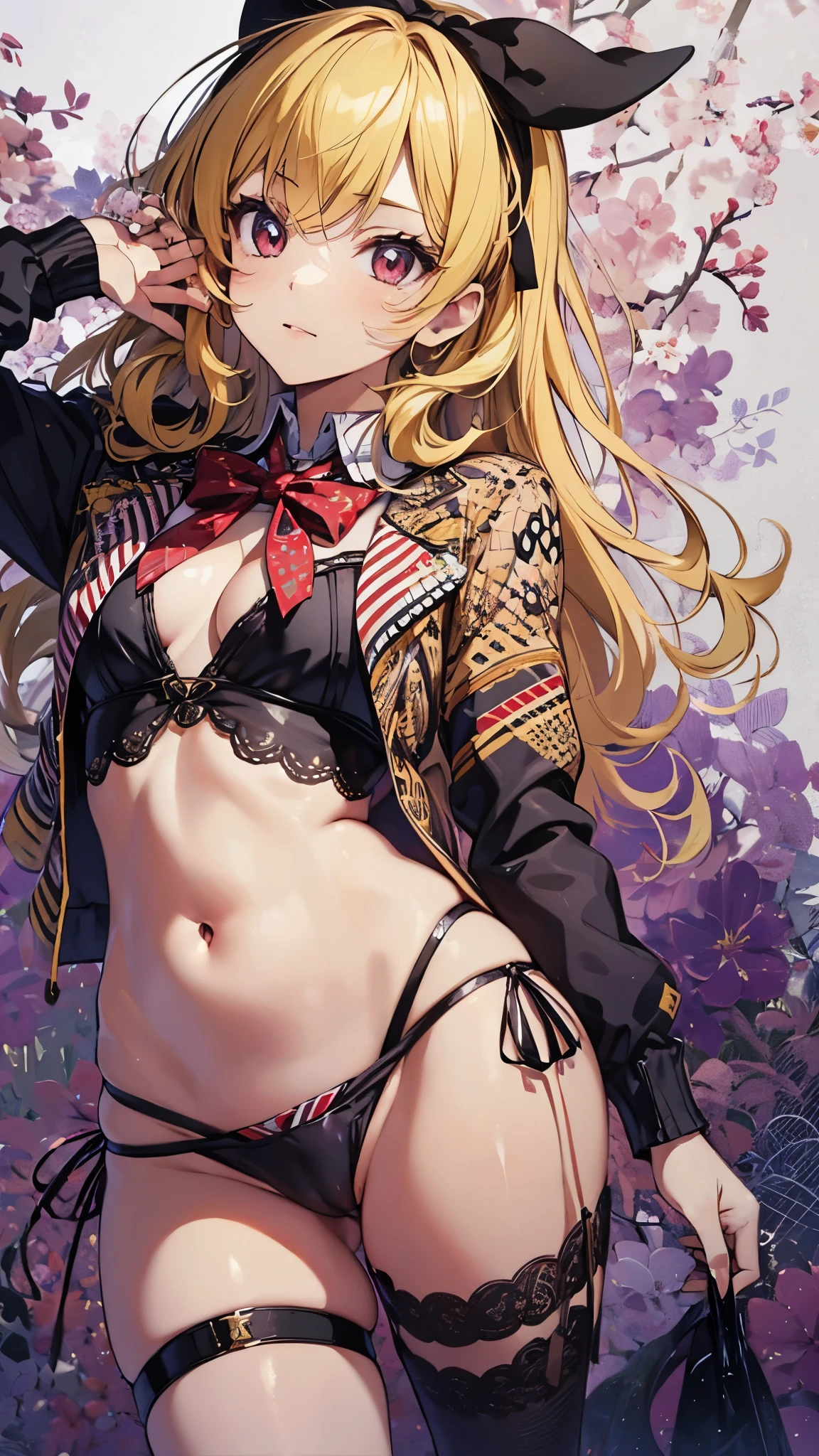 aikatsu,ihoshimiya,blonde_hair,red_hair_band,(masterpiece:1.2, highest quality), Ultra-detailed illustrations, perfect anatomy, alone, 1 girl, big_chest,school uniform,(Upper body:1.3), embarrassing ,(blush),(spread legs:1.3),(legs up),(cameltoe:1.3),Navel exposed,panties,(looking to the side:1.5)