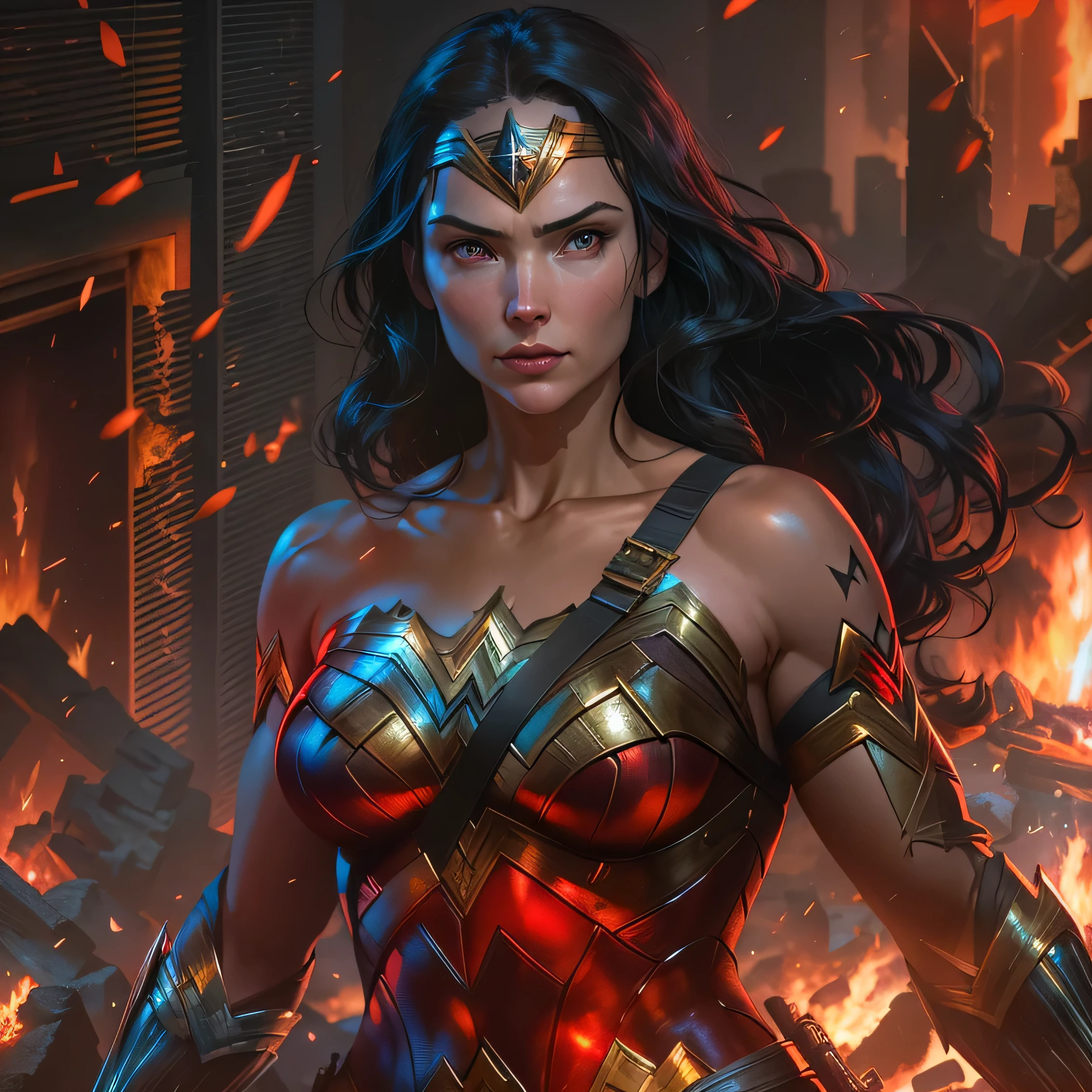 Wonder Woman in dark knight costume in front of a fire, epic anime art, artgerm craig mullins, anime concept hdr anime macmanus, jin - roh, by Arthur Pan, antoine collignon, by Yang J, with bright red eyes, style of raymond swanland, artgerm and craig mullins, red son, dan mumford. 8k octane rendering