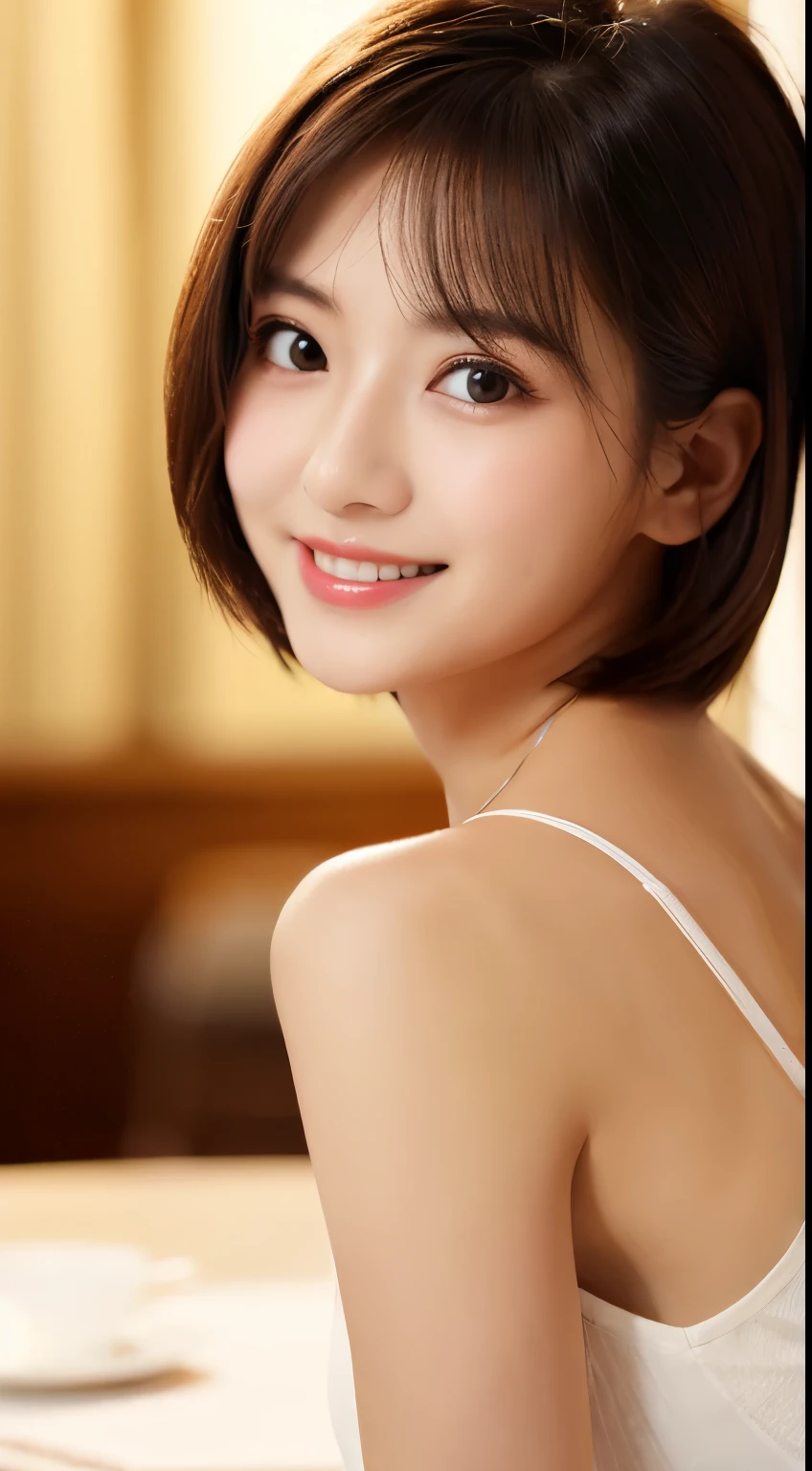 table top, highest quality, figure, super detailed, finely, High resolution, 8k wallpaper, 完璧なダイナミックな構figure, detailed and beautiful eyes, Women's fashion,very short hair,small breasts natural color lip, bold sexy pose,smile,Harajuku、20 year old girl、cute、sexy shot looking at camera
