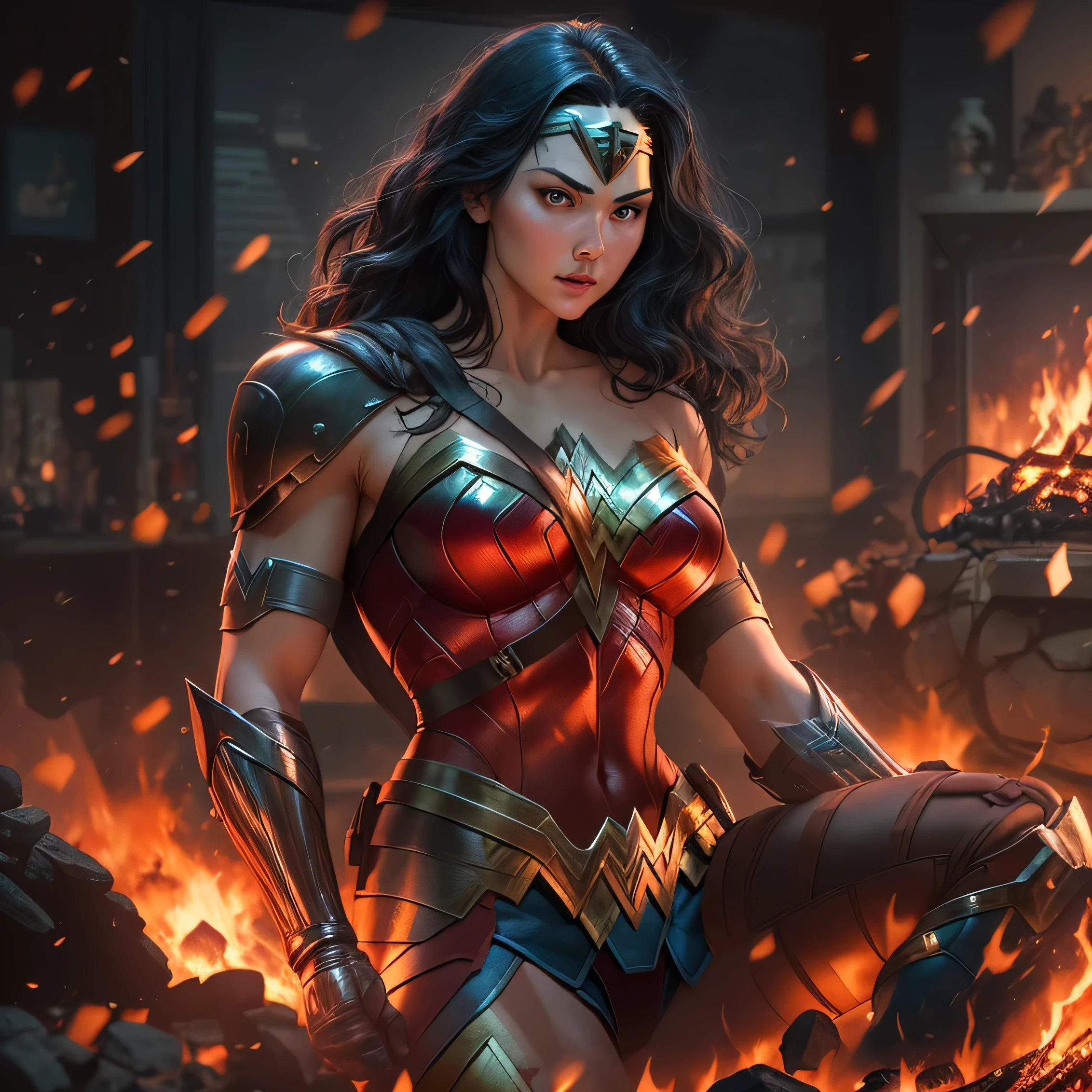 Wonder Woman in dark knight costume in front of a fire, epic anime art, artgerm craig mullins, anime concept hdr anime macmanus, jin - roh, by Arthur Pan, antoine collignon, by Yang J, with bright red eyes, style of raymond swanland, artgerm and craig mullins, red son, dan mumford. 8k octane rendering