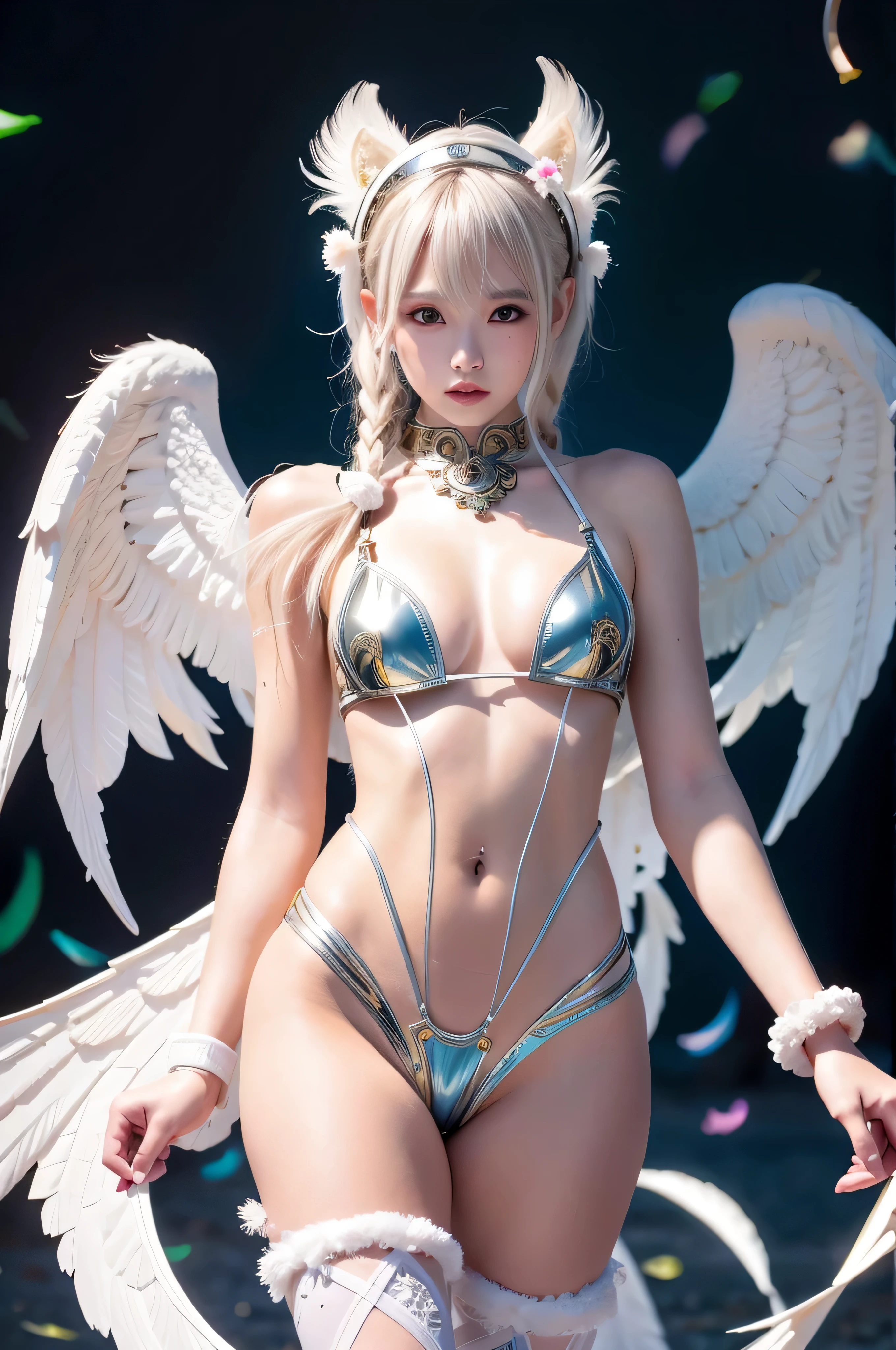 cyborg, girl, beautiful girl, cute, sexy, strong, thin, delicate, smile, ta costume, High leg, metallic, ultra color, paisley, headgear, mandala, Near future, heaven, Angel, feather, wing, Helix lamp