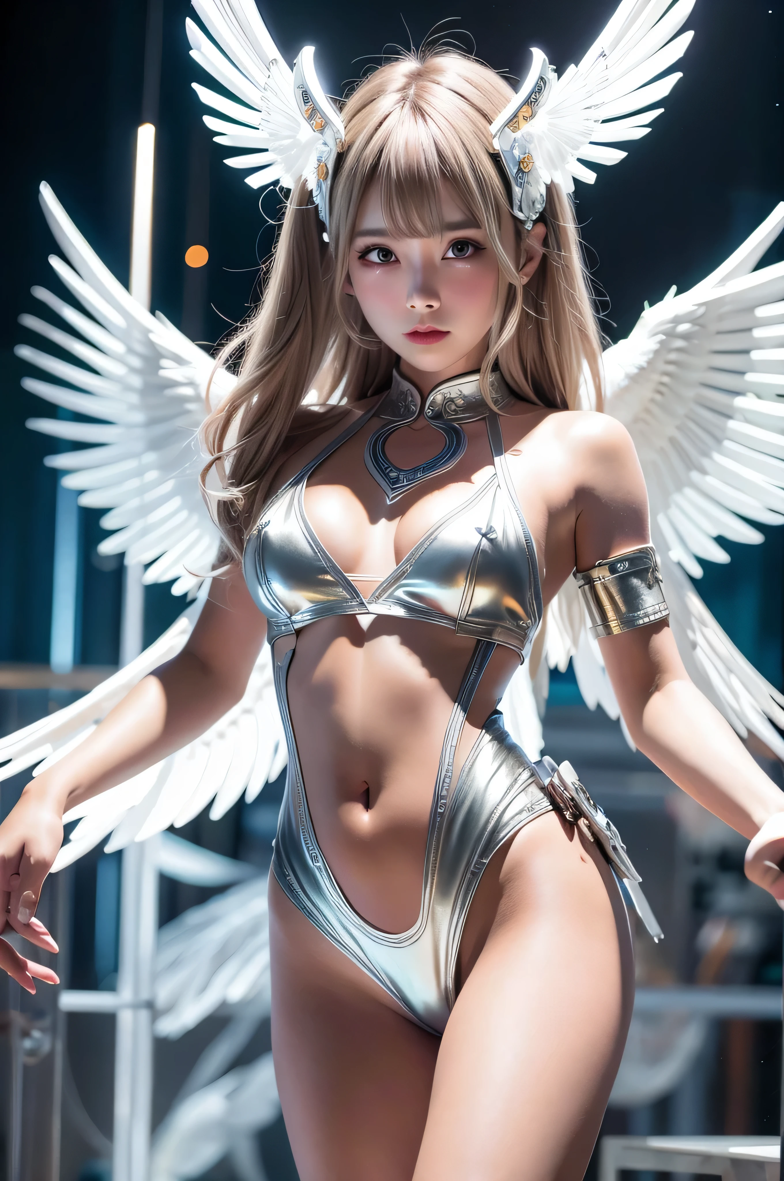 cyborg, girl, beautiful girl, cute, sexy, strong, thin, delicate, smile, ta costume, High leg, metallic, ultra color, paisley, headgear, mandala, Near future, heaven, Angel, feather, wing, Helix lamp, sexyポーズ,