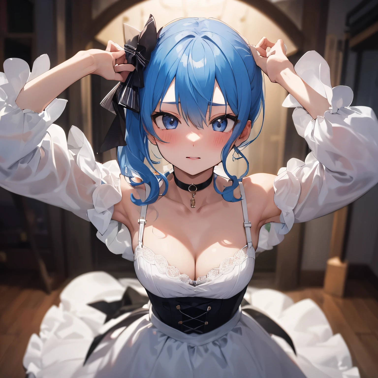 hoshimachi suisei,blue eyes,blue hair,choker,hair between eyes,medium hair,side ponytail,スターchoker,1 girl,highest quality, High resolution,(thin and beautiful eyes:1.6),(perfect hands, perfect anatomy),(((masterpiece))),((highest quality)),shyness,troubled face,excited,I&#39;m in heat,blush,whole body,high quality white lingerie,cleavage,thin waist,cabaret club