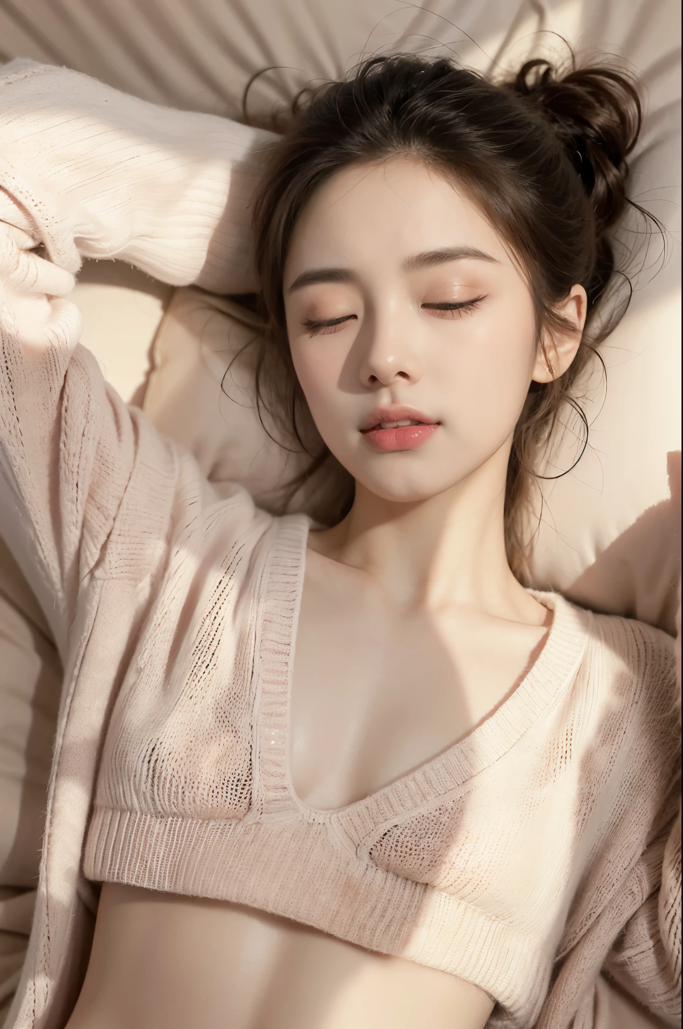 ((((8k))),((Extremely meticulous CG)) ,(wallpaper),16k,((Extremely refined and beautiful)),(((Masterpiece))),(((best qualtiy))),(((Ultra High Resolution))),beautiful light up,Perfect lightning,realistic shaded,((high resolution)),(Smooth and flawless fair skin:1.5),(pale skin:1.3),(Extremely exquisite facial details:1.2),(perfect body:1.1),(ultra-detailed),((A beautiful girl,solo)),(small head:1.2),(short ponytail:1.2),(small face:1.2),(baby face:1.3),(close eyes:1.5),(open mouth:1.5),(female orgasmic:1.5),(blush:1.3),(ahegao:1.3),(sleeping:1.3),(Exquisite makeup:1.2),(clavicle:1.2),(small breasts:1.2),(flat chests:1.2),((slim,thin)),happy,(laughing:1.2),(light beige_pink sweater:1.5),(night scene:1.5),(indoor:1.2),(lying flat on back on the green bed:1.5),(close-up of face:1.5),(from above:1.3),(top view:1.3),