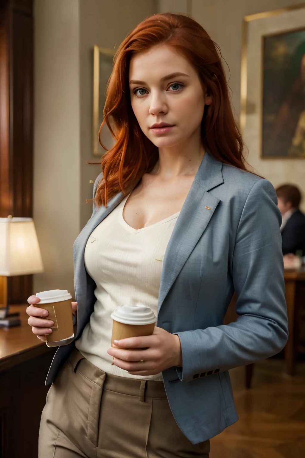 real scene, realistic and atmospheric, masterpiece, best quality (detailed face, skin texture detail, ultra detailed body: 1.1), cinematic light, drinking coffee in a casual suit and jacket (Irish woman, redhead)
