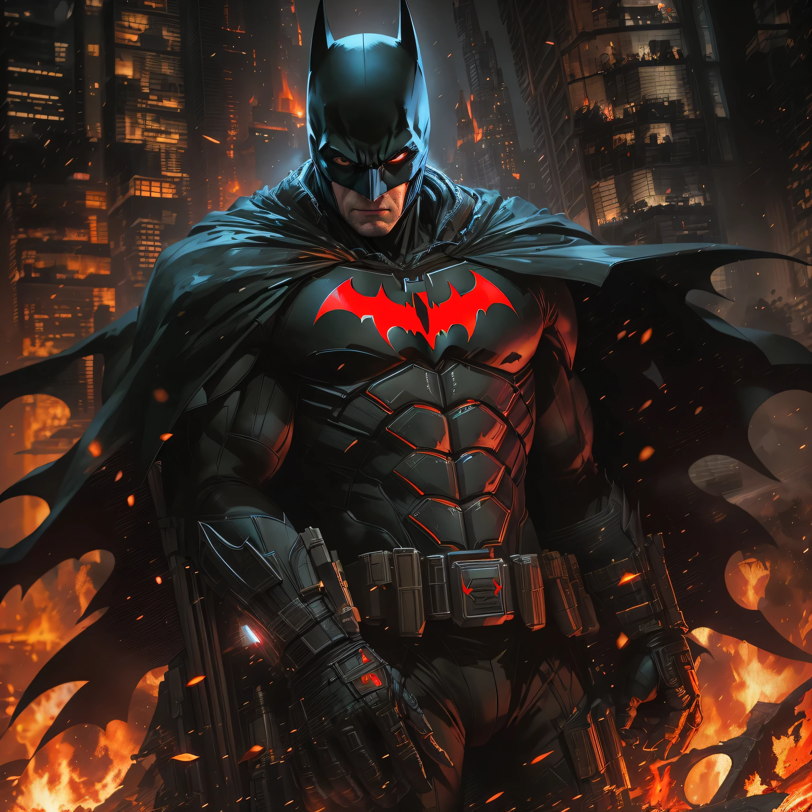 Batman in dark knight costume in front of a fire, epic anime art, artgerm craig mullins, anime concept hdr anime macmanus, jin - roh, by Arthur Pan, antoine collignon, by Yang J, with bright red eyes, style of raymond swanland, artgerm and craig mullins, red son, dan mumford. 8k octane rendering