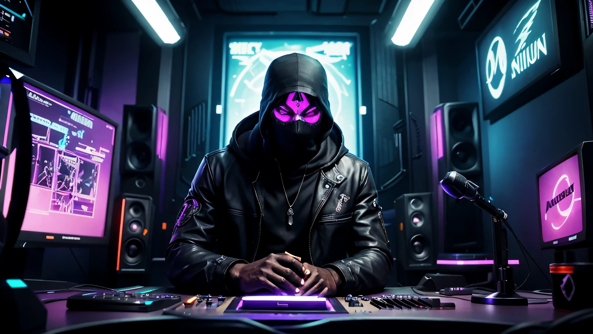 An unknown black man in a music studio at the desk is a master of his craft, a black hood on his head, wearing a black mask,(((arcane style))), League of Legends style, game modelling, ((cyberpunk style)), Hi-Tech city, mechanical enhancement, (high-tech fantasy), robotics, 3d game, blade runner 2049, Ghost In The Shell,